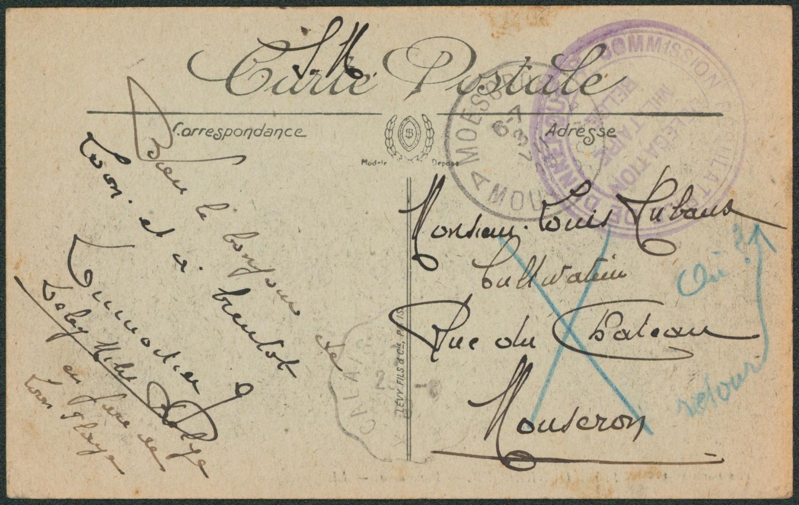 CP en F.M. expédié de Dunkerque + cachet violet "Commission régulatrice de Dunkerque / Délégation militaire Belge" > Mouscron.