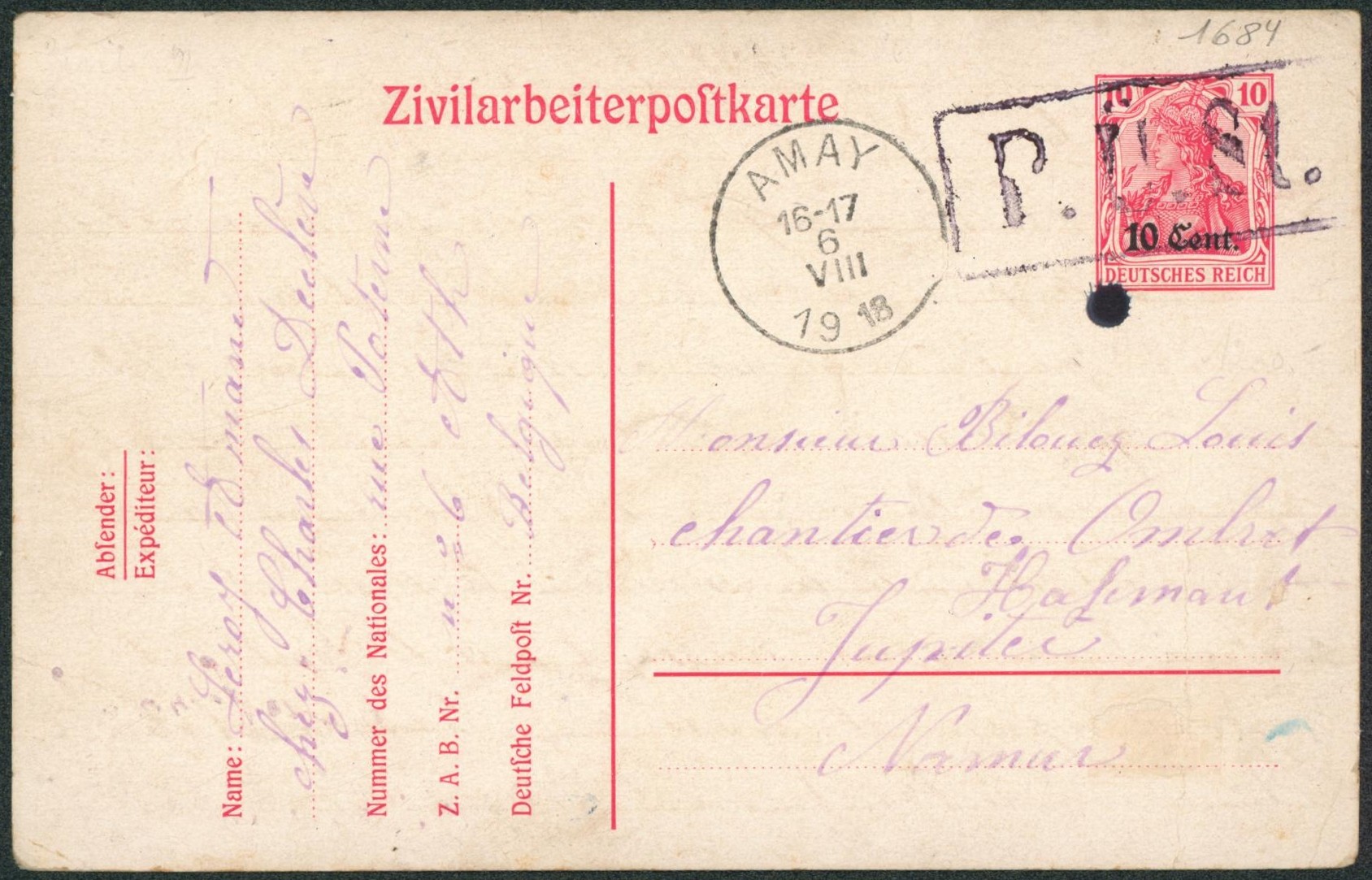 EP au type 10cent rouge "Zivilarbeiterpostkarte" (Daté de Ath, 1918) + cachet Amay et encadré P. Ü. St. > Namur