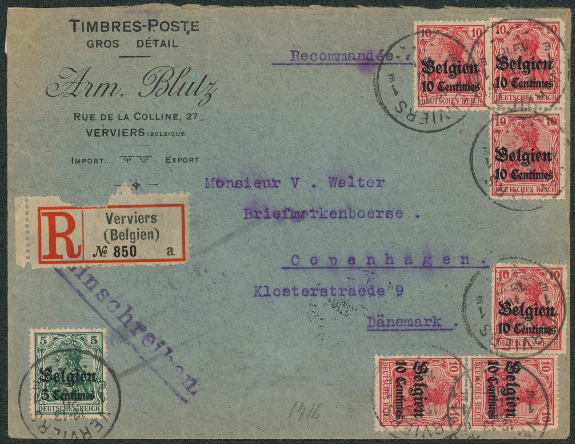 OC2 et OC3 x6 sur lettre en recommandé de Verviers (Marchand de timbres, Arm. Blutz) >  Copenhagen (Danemark).