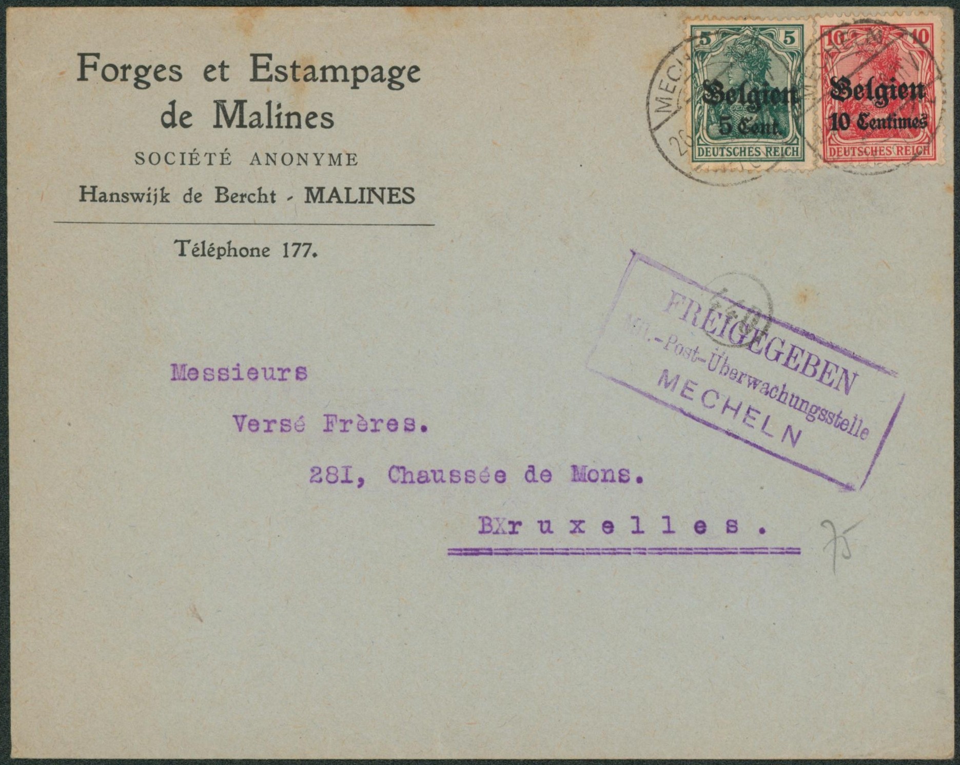 OC3 et OC12 sur lettre à en-tête (forges et estampage de Malines) obl à pont Mechelen > Bruxelles.