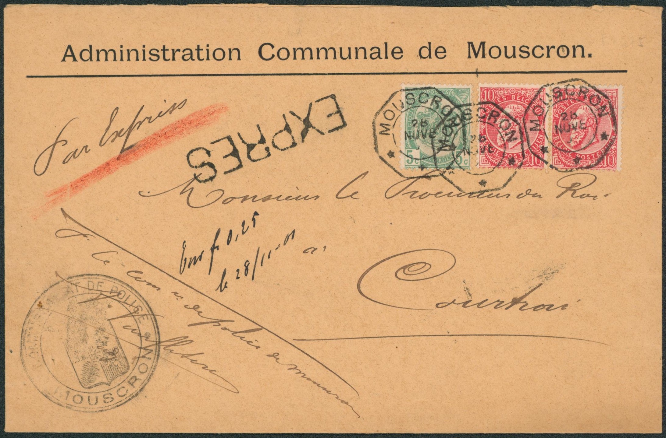 n°56 et 58 x2 sur lettre (administration communale de Mouscron) en expres obl télégraphique "Mouscron" > Courtrai