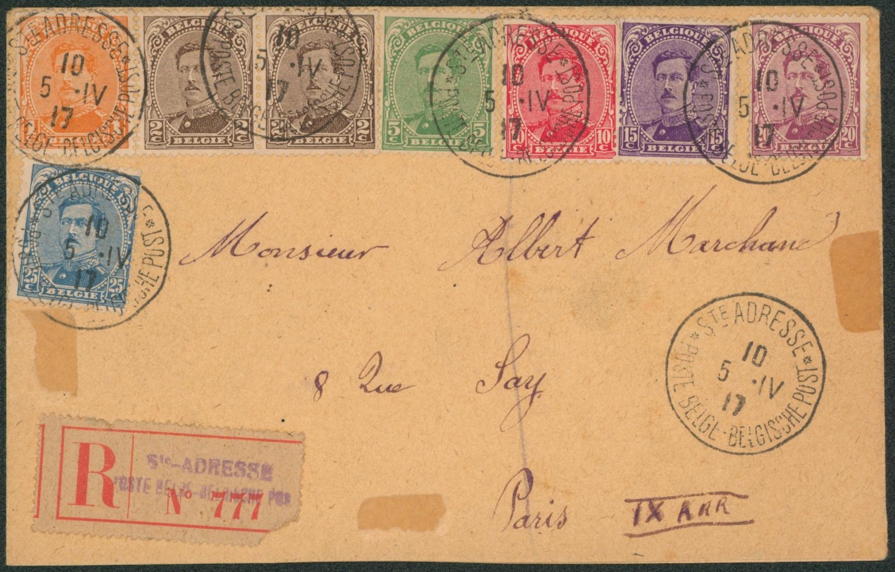 n°135, 136 x2, 137/41 sur lettre en recommandé de Ste-Adresse > Paris