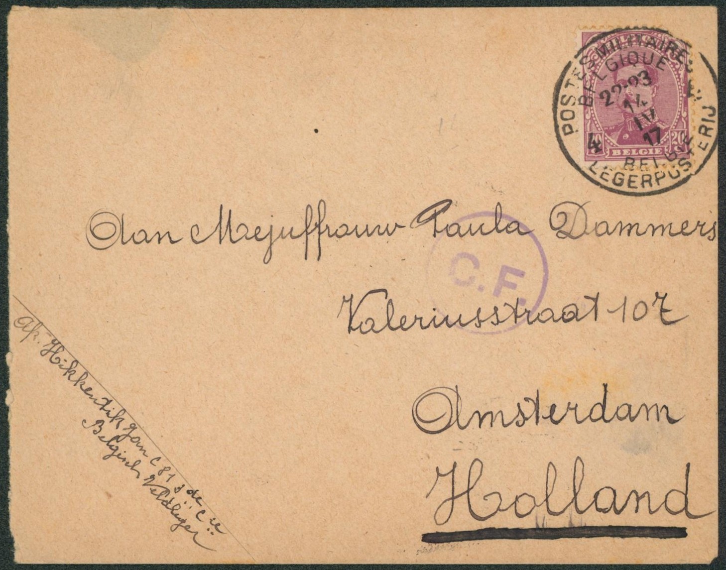 n°140 sur lettre obl P.M.B. 4 + censure C.F. > Amsterdam.
