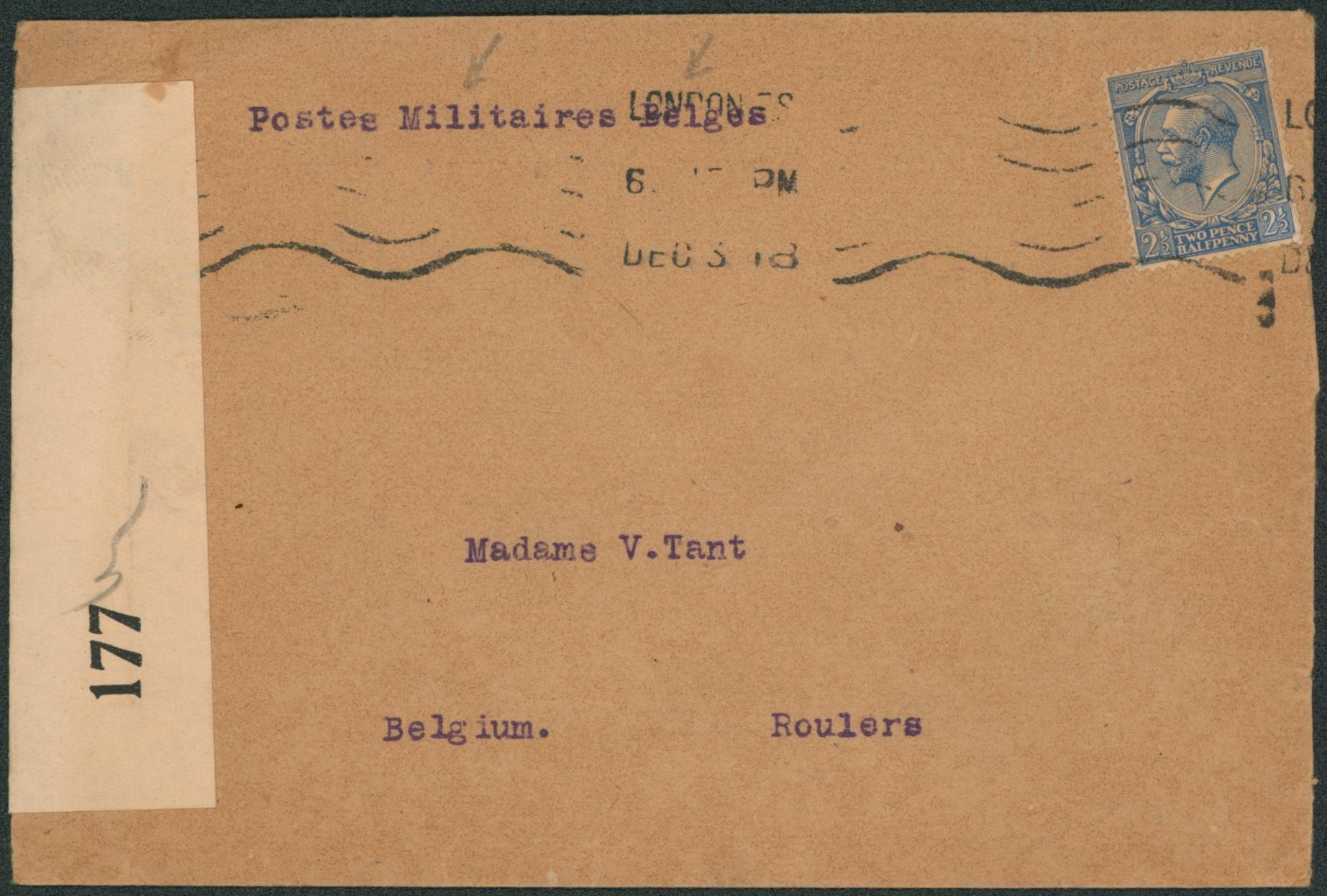 Lettre en provenance d'angleterre çàd London + griffe violette POSTES MILITAIRES BELGES et bandelette de censure > Roulers.
