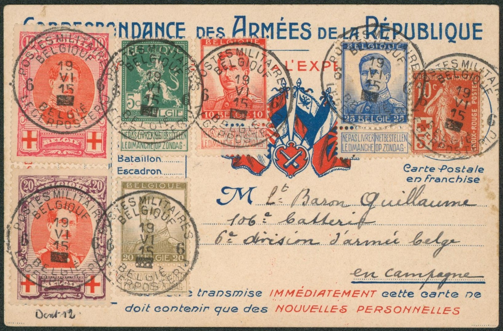 Correspondance des armées de la république + affranch. De complaisance (Pellens, Semeuse croix-rouge) obl P.M.B.6 > armée belge en campagne.