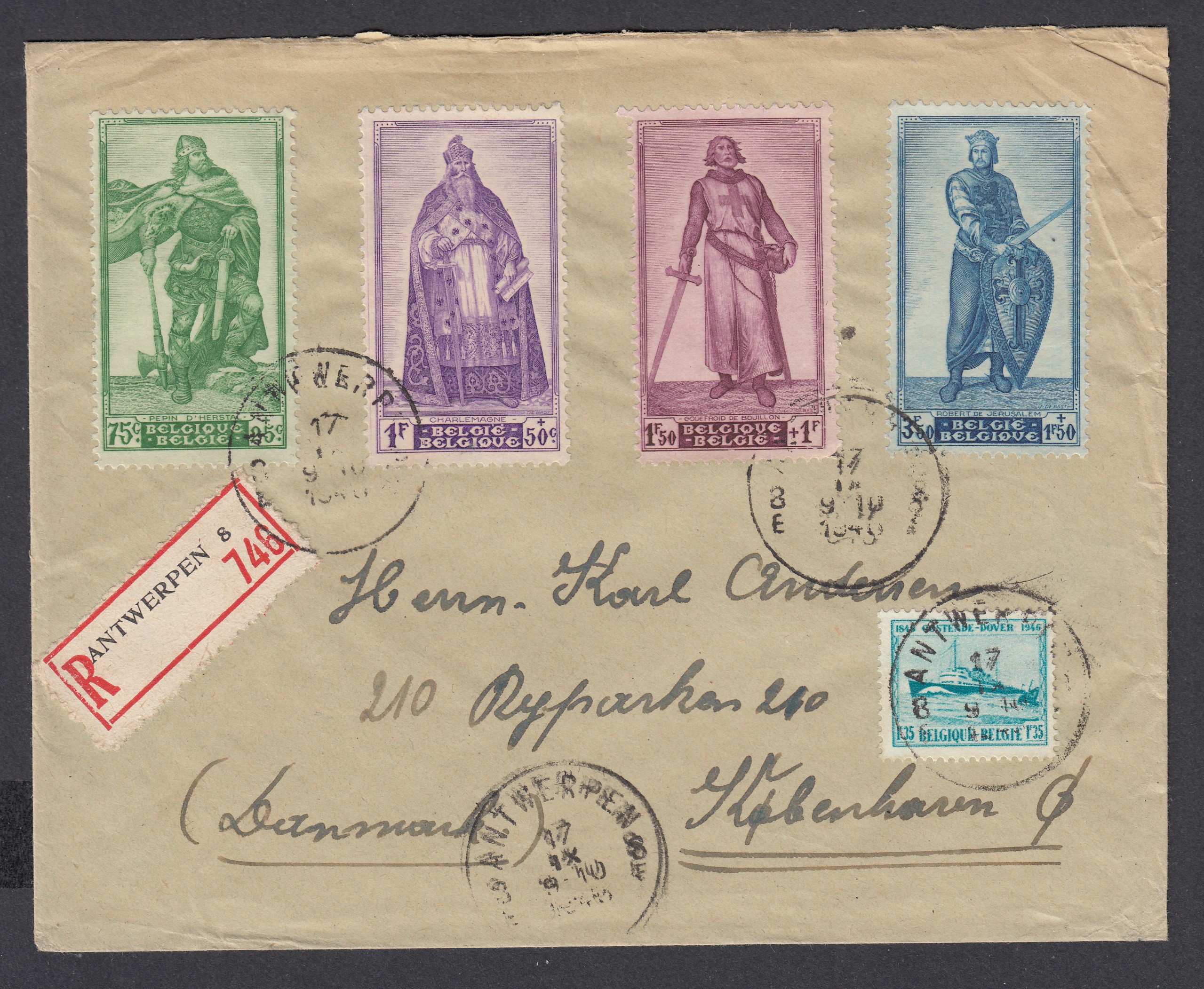 725 +737/41 sur lettre en recommandé d'Antwerpen le 17.IX.1946 à destination du Danemark.
