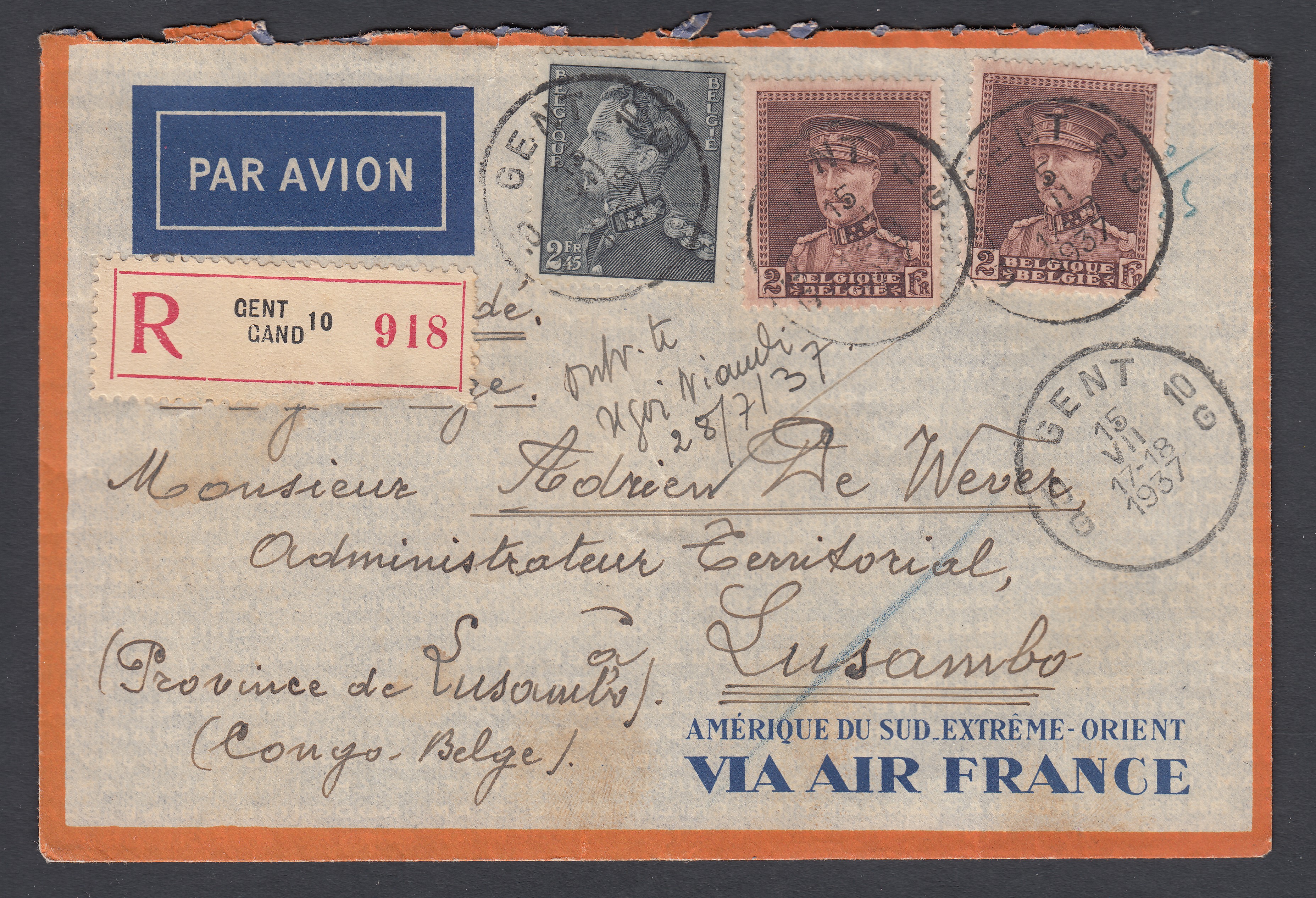 478+321 x2 sur lettre en recommandé & par avion de Gent le 15.VII.1937 vers Lusambo, Congo Belge. Càd au verso.