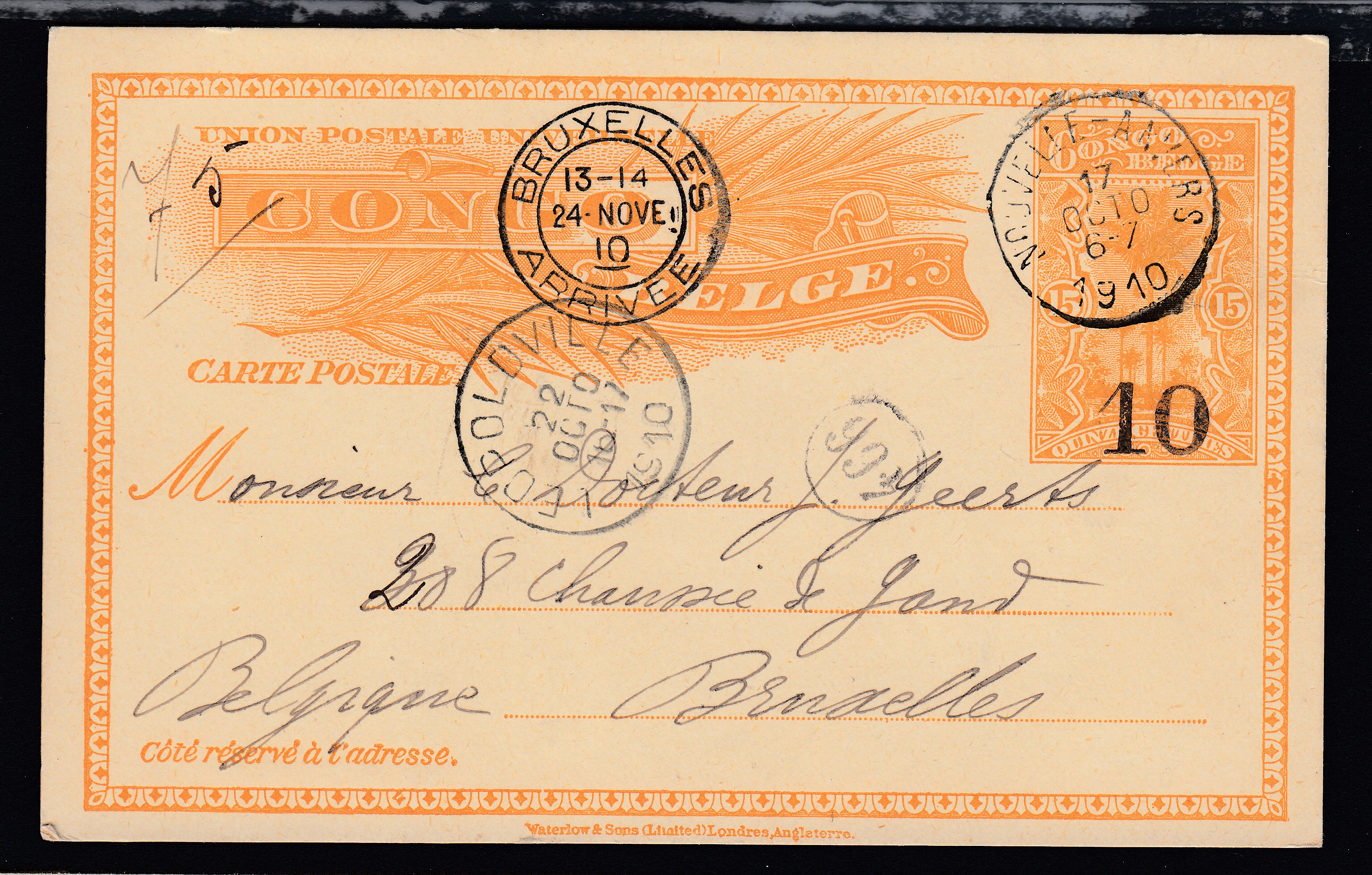 Ep10/15c type «Palmiers» de Nouvelle-Anvers le 17 oct 1910 vers BXL.