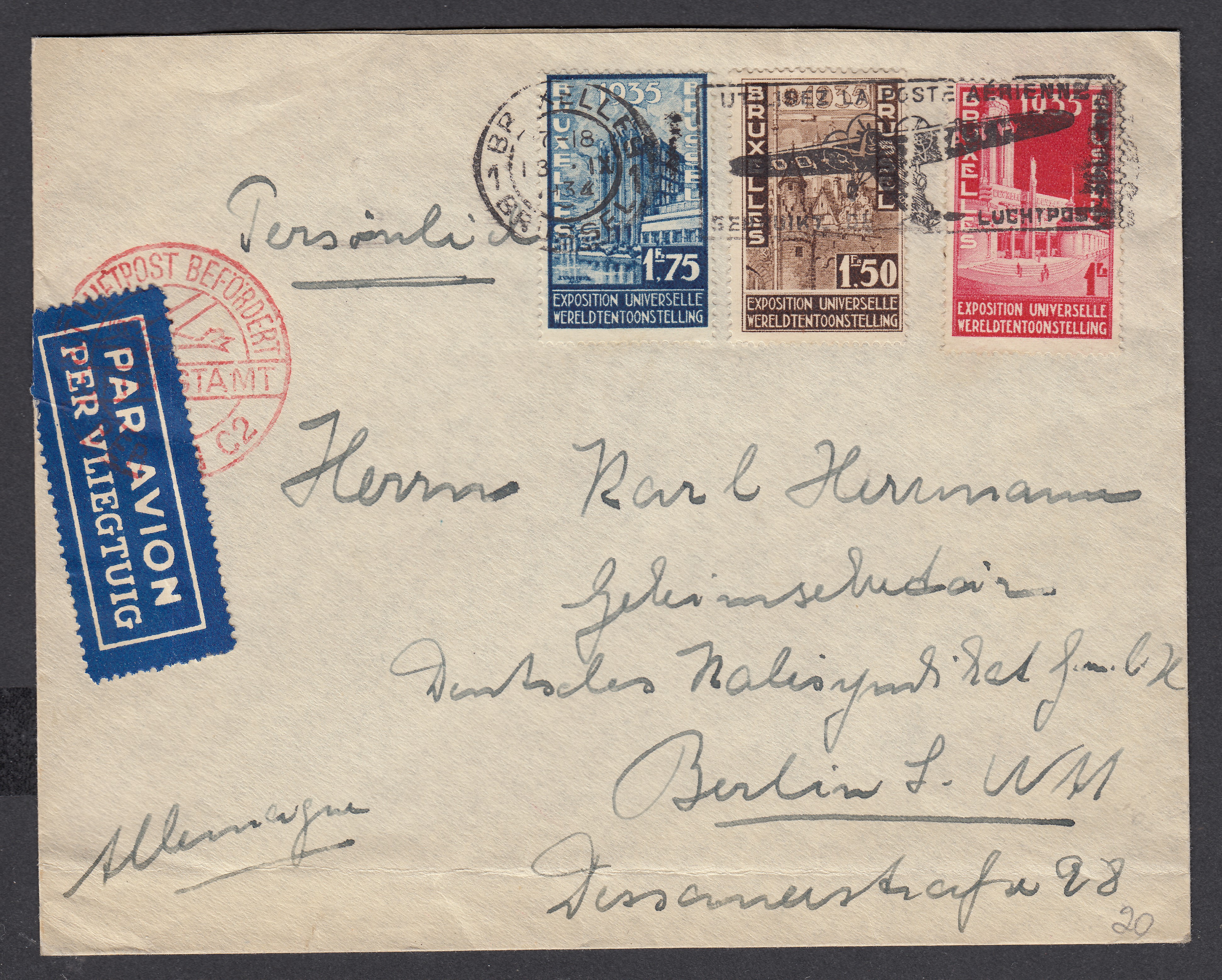 387/89 sur lettre par avion de BXL vers Berlin. Càd le 19/9/34 au verso.