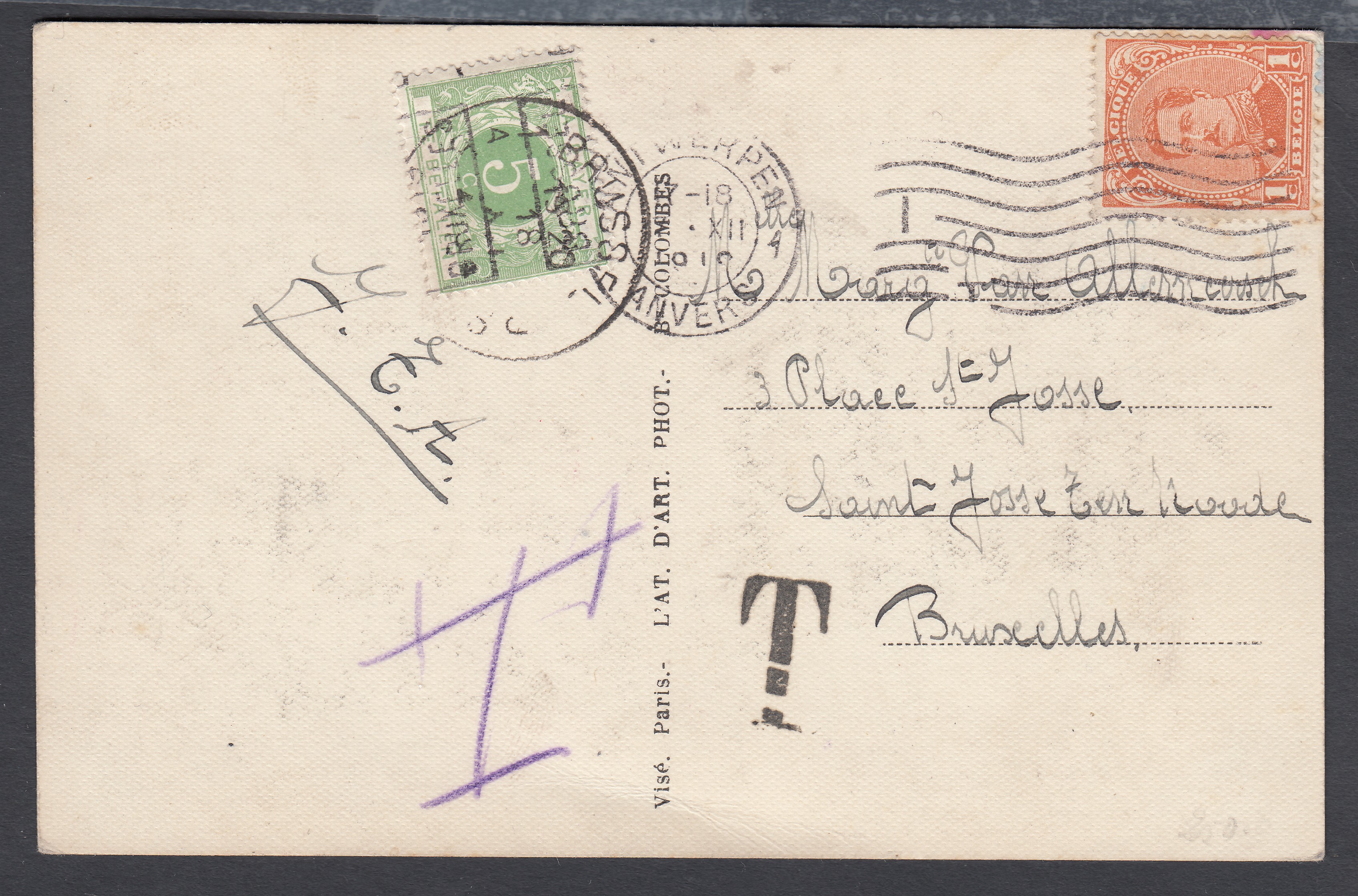 135 sur Cp d'Antwerpen le 7.XII.1919 vers BXL. Taxée 5c à l'arrivée par Tx12A avec surcharge bilingue de BXL à cheval annulé par Càd à pont.