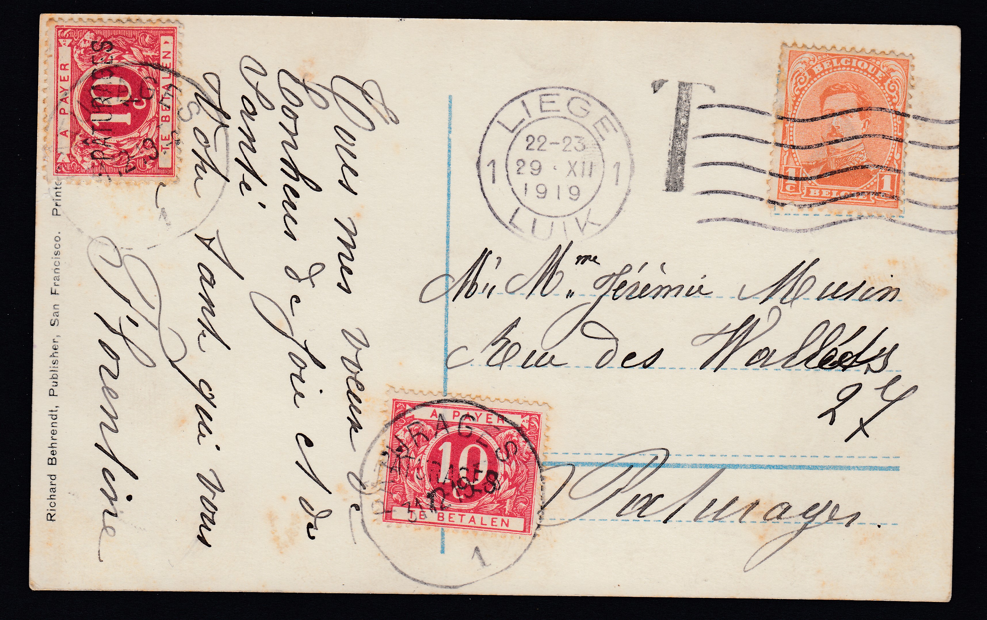 135 sur Cp de Liège le 29.XII.1919 vers Paturages. Taxée 20c à l'arrivée par Tx13A avec surcharge « PATURAGES ». Explicatif joint.