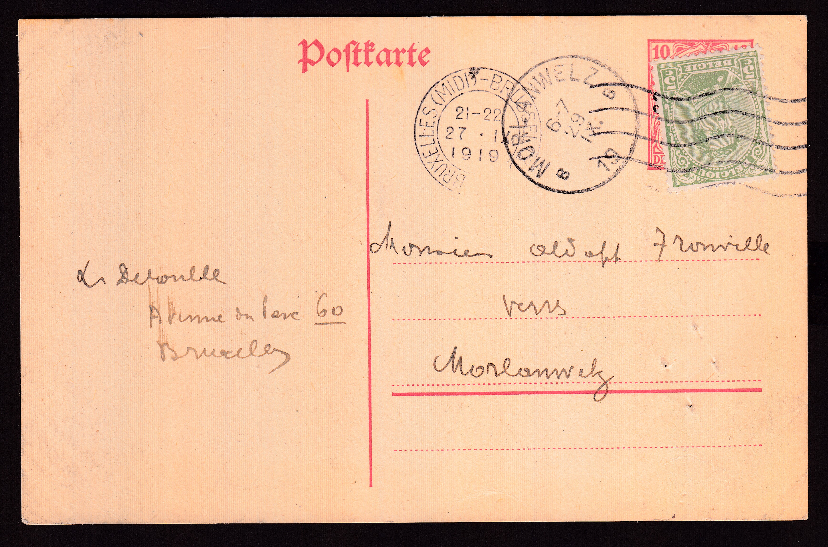 137 sur Ep allemand employé comme support, de BXL (Midi) le 27.IX.1919 vers Morlanwelz. Càd au recto. Explicatif joint.