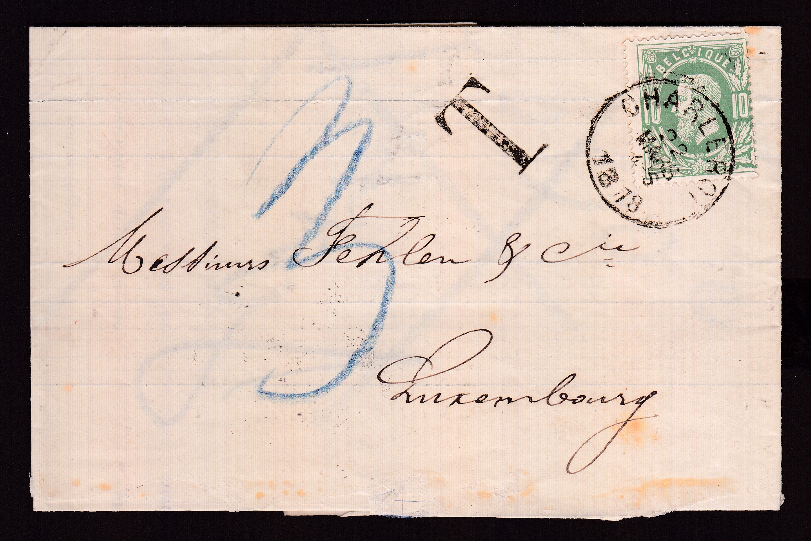 30 sur LAC de Charleroi le 22 mars 1878 vers Luxembourg. Taxée pour affr.insuffisant. Cachet « Luxembourg par Ambt Brux-Arl » +Càd au verso.