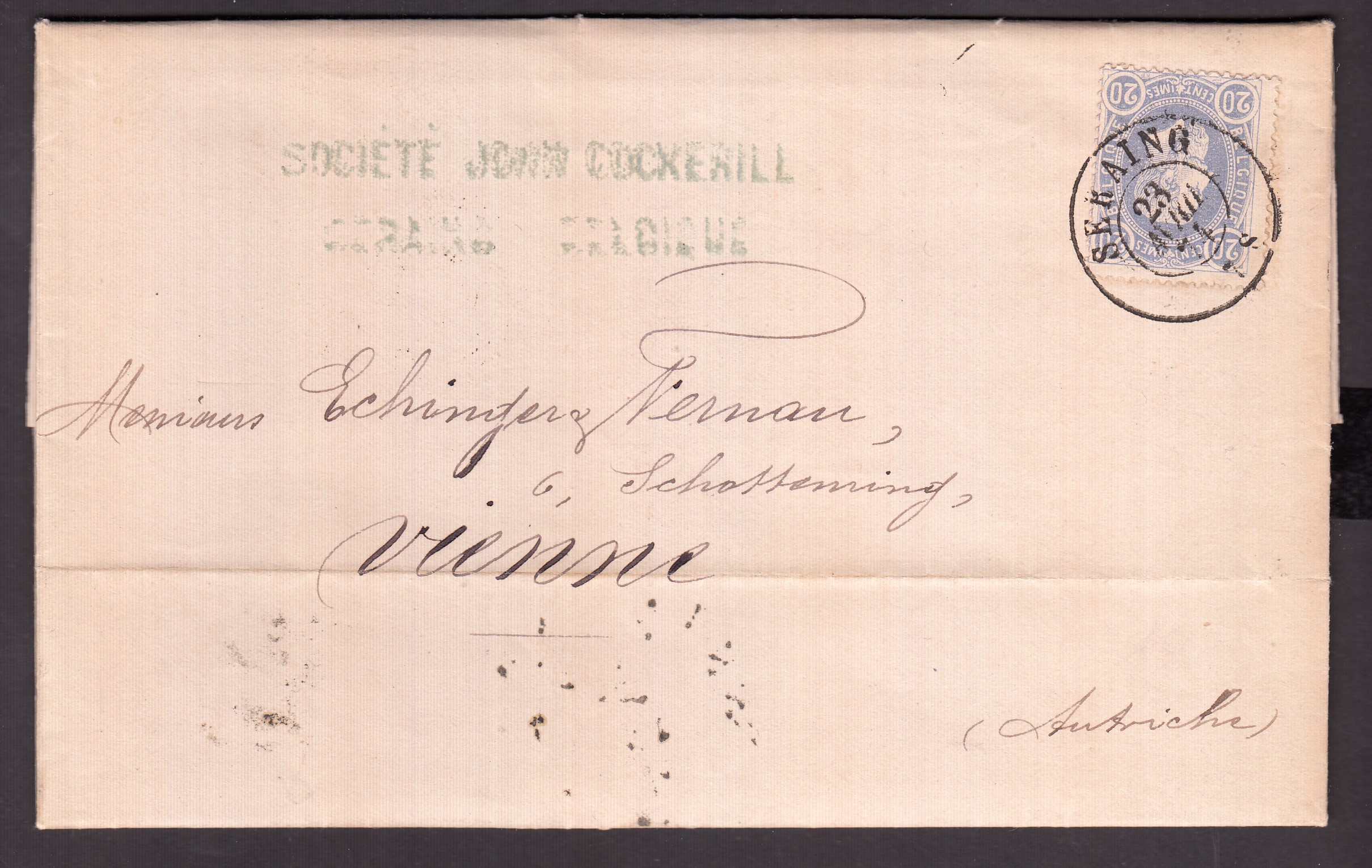 31 sur LAC de Seraing ( Cachet D.C.) le 23 avril 1874 vers Vienne. Càd + »Allemagne par Est3 » au verso. Explicatif joint.