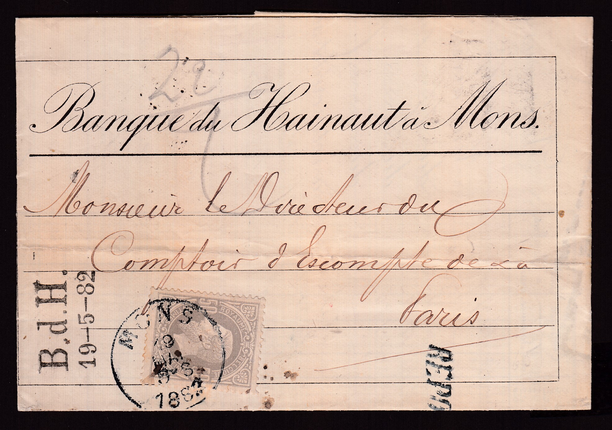 35 partiellement perforé « B.H. » sur LAC à entête « Banque du Hainaut à Mons » de Mons le 19 mai 1882 vers Paris. Càd « Paris Poste-Restante » au verso. Explicatif joint.