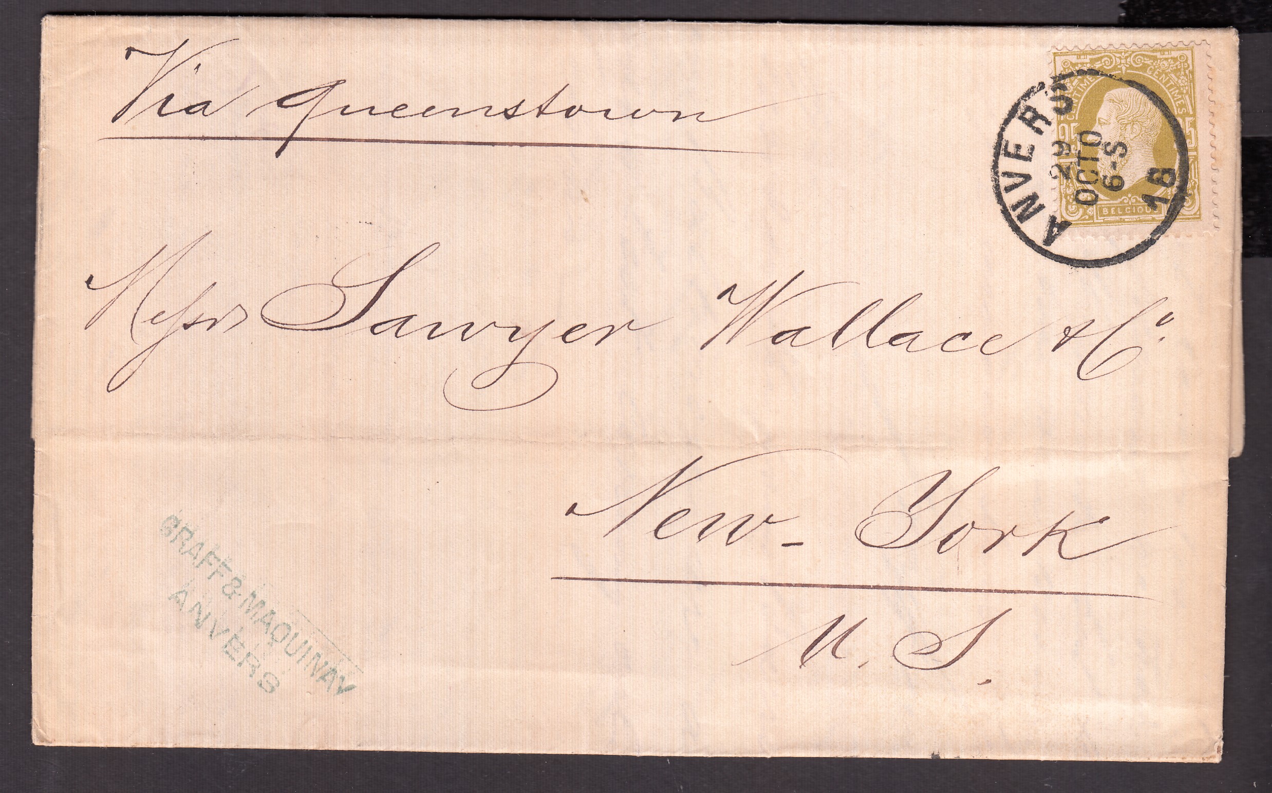 32 sur LAC datée du 29 oct.1884, d'Anvers vers New-York via Queenstown -Irlande. Cachet « PAID /PO /ALL » +Càd au verso.