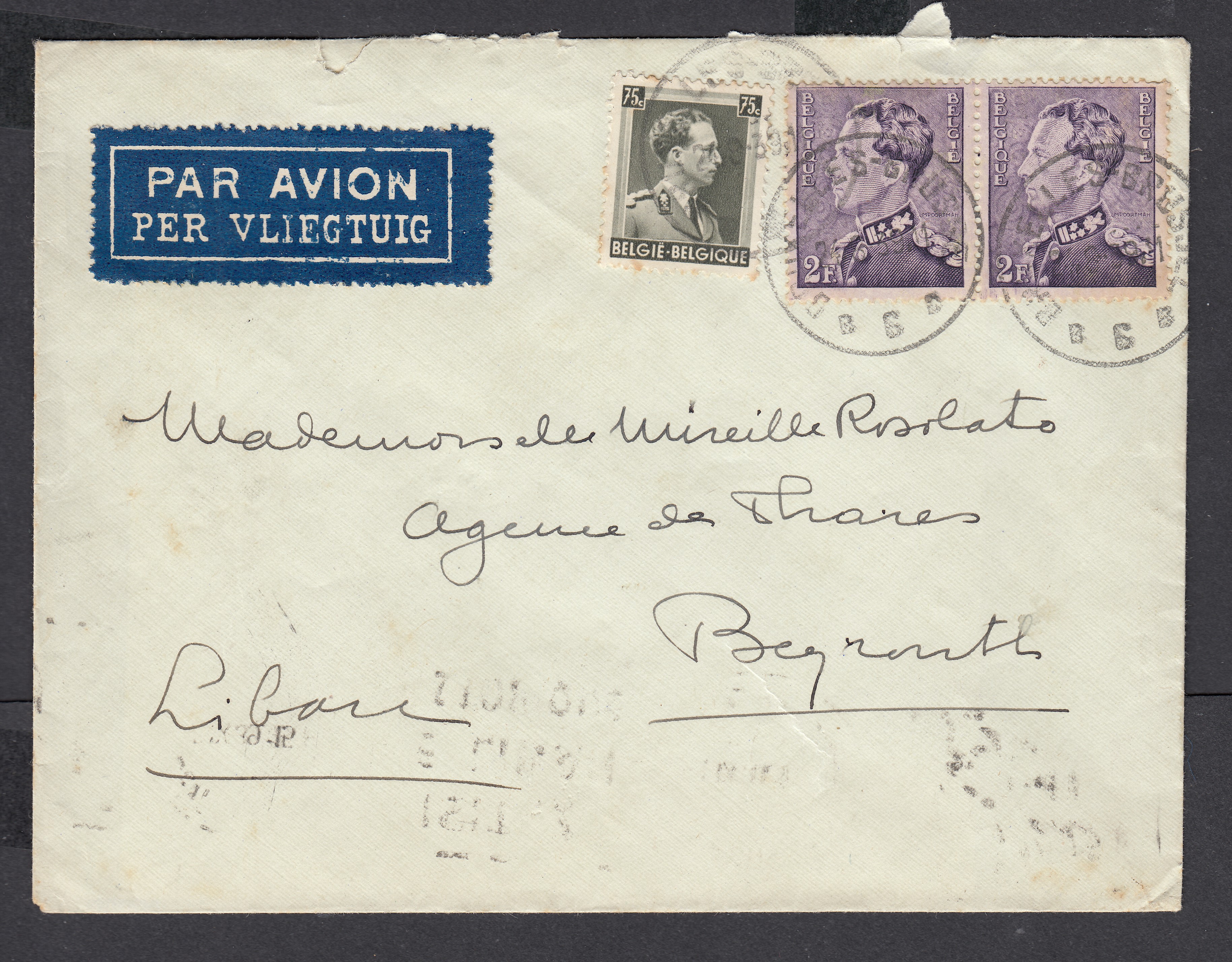 431 en paire +480 sur lettre par avion de BXL le 24.8.39 vers Beyrouth. Càd au verso. Explicatif tarif joint.