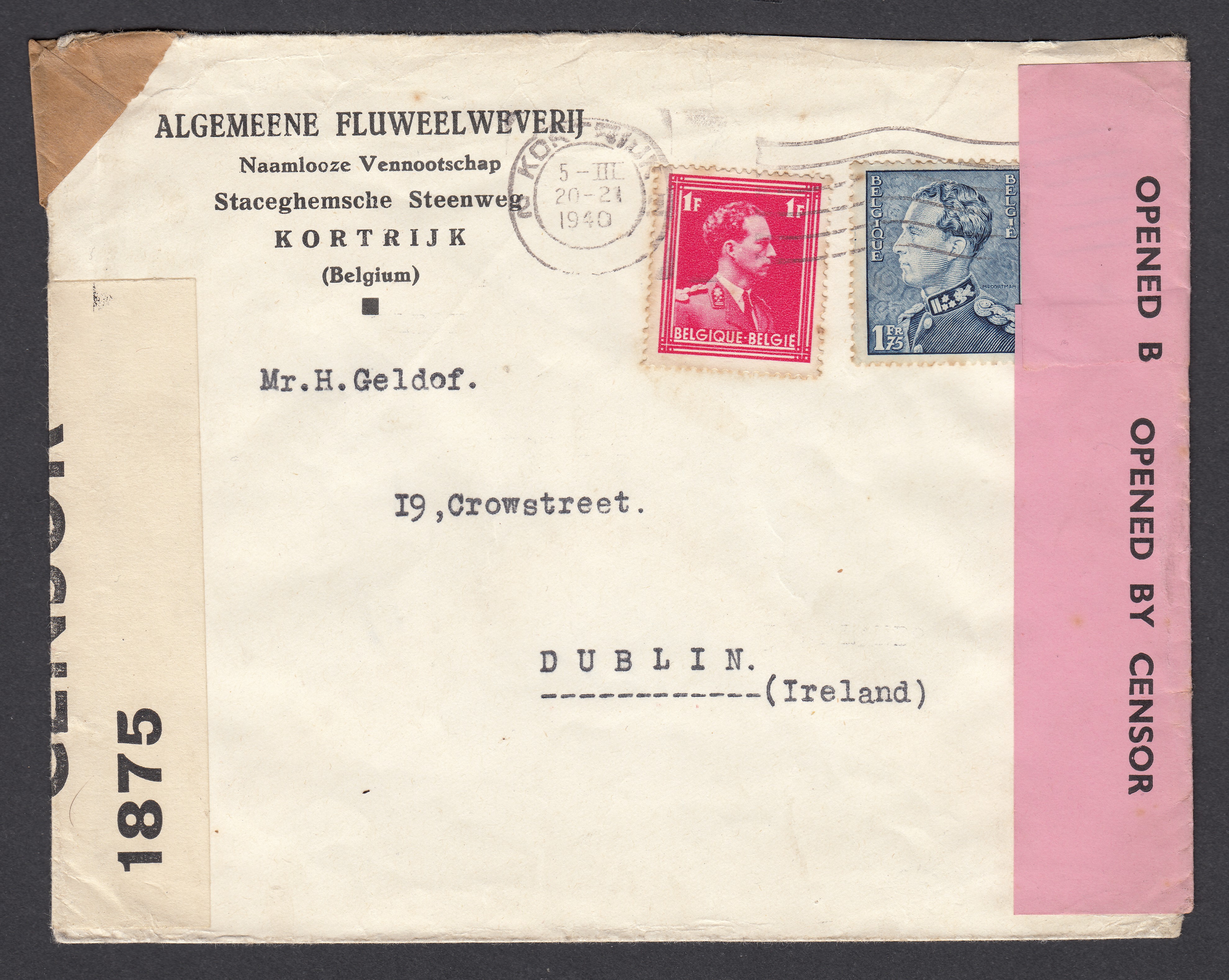 430 +428 sur lettre de Kortrijk le 5.III.1940 vers Dublin. Bandes de censure Irlandaise et anglaise. Explicatif tarif joint.