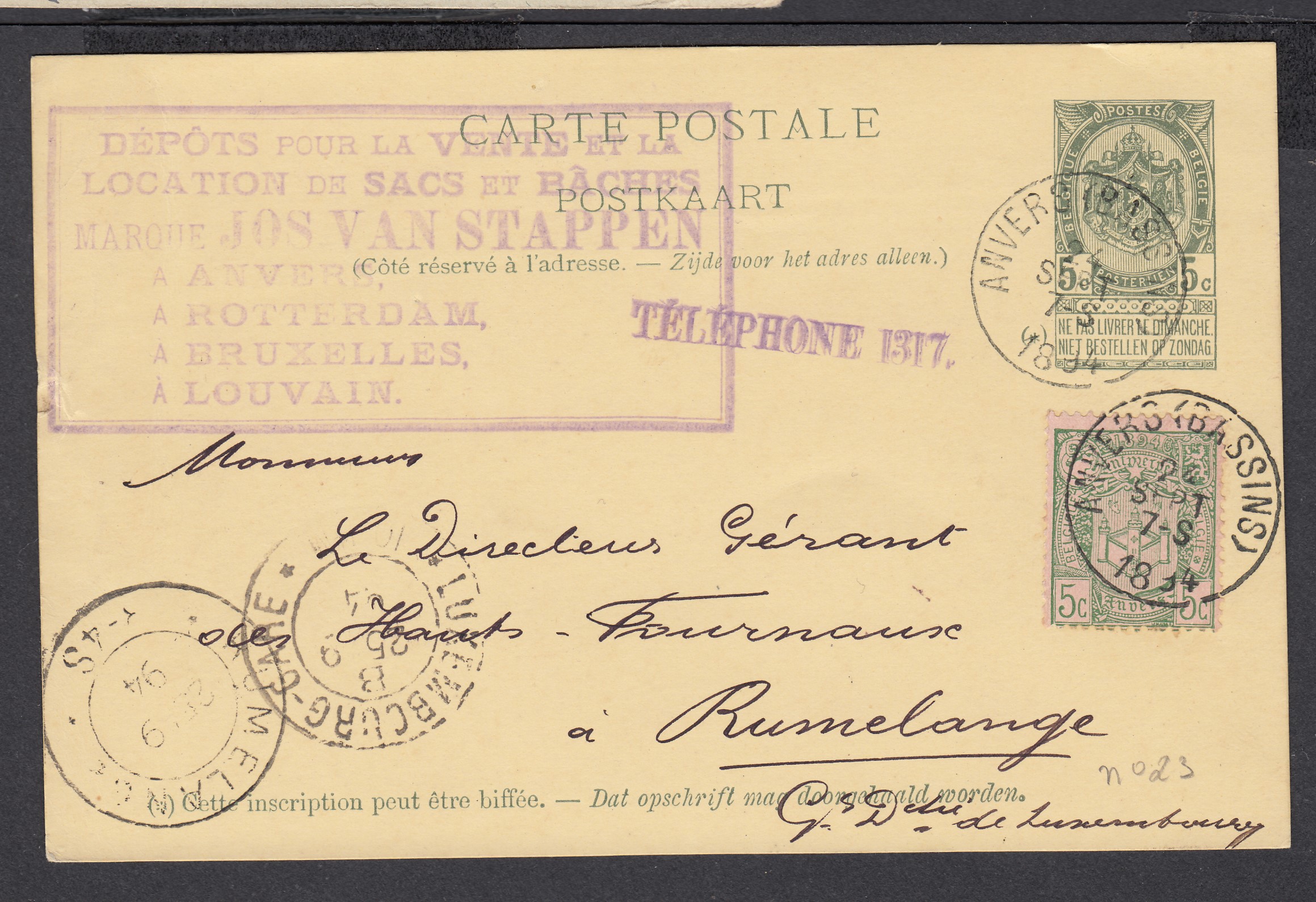 68 sur Ep5c type « Fine Barbe -Tp 54 » d'Anvers (Bassins) le 24 sept.1894 vers Rumelange, GD du Luxembourg. Càd au recto.