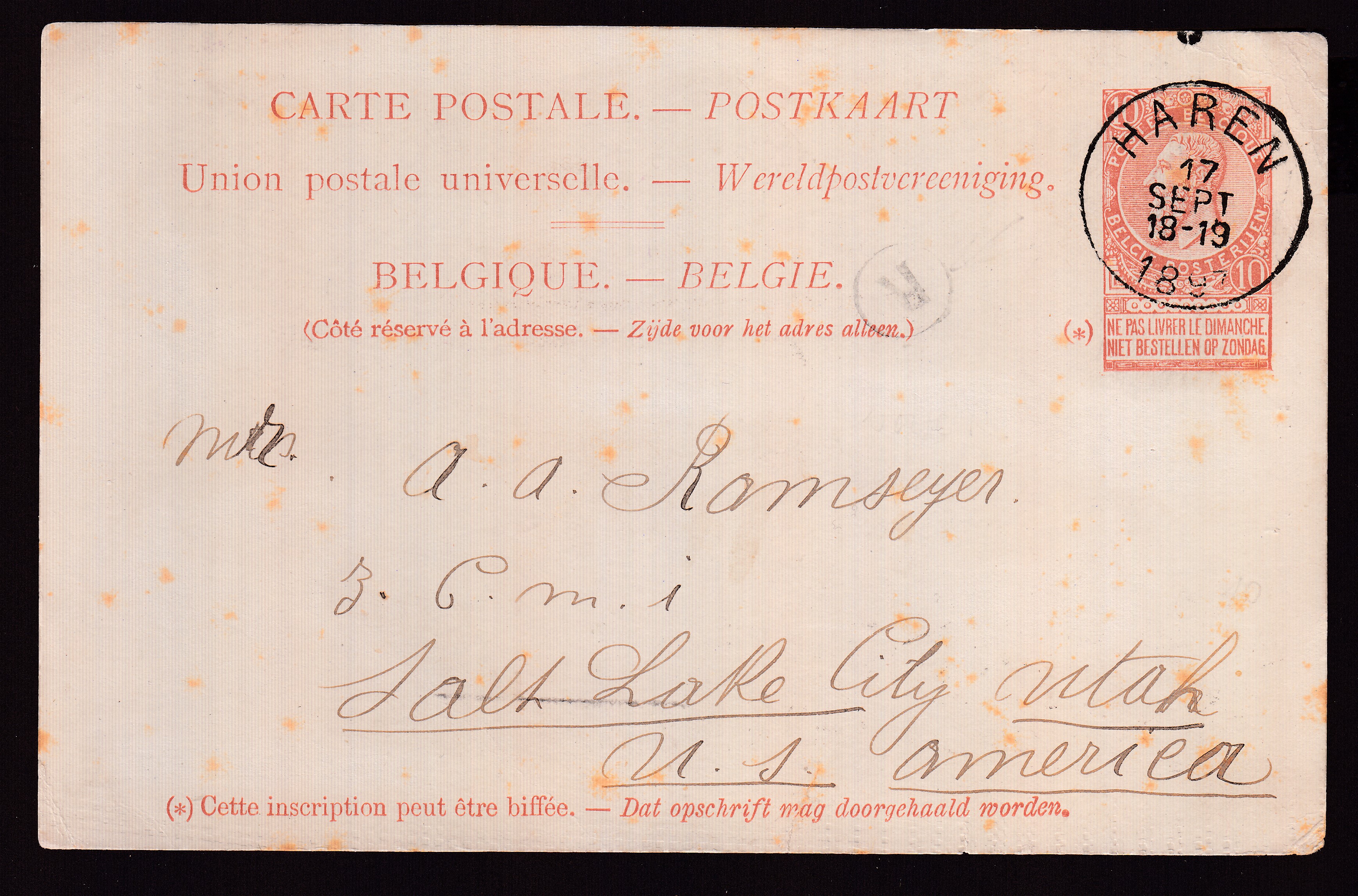 Ep10c type « Fine Barbe -Tp 57 » de la boîte « R » de Saventhem via Haren le 17 sept.1892 vers Salt Lake City, USA.