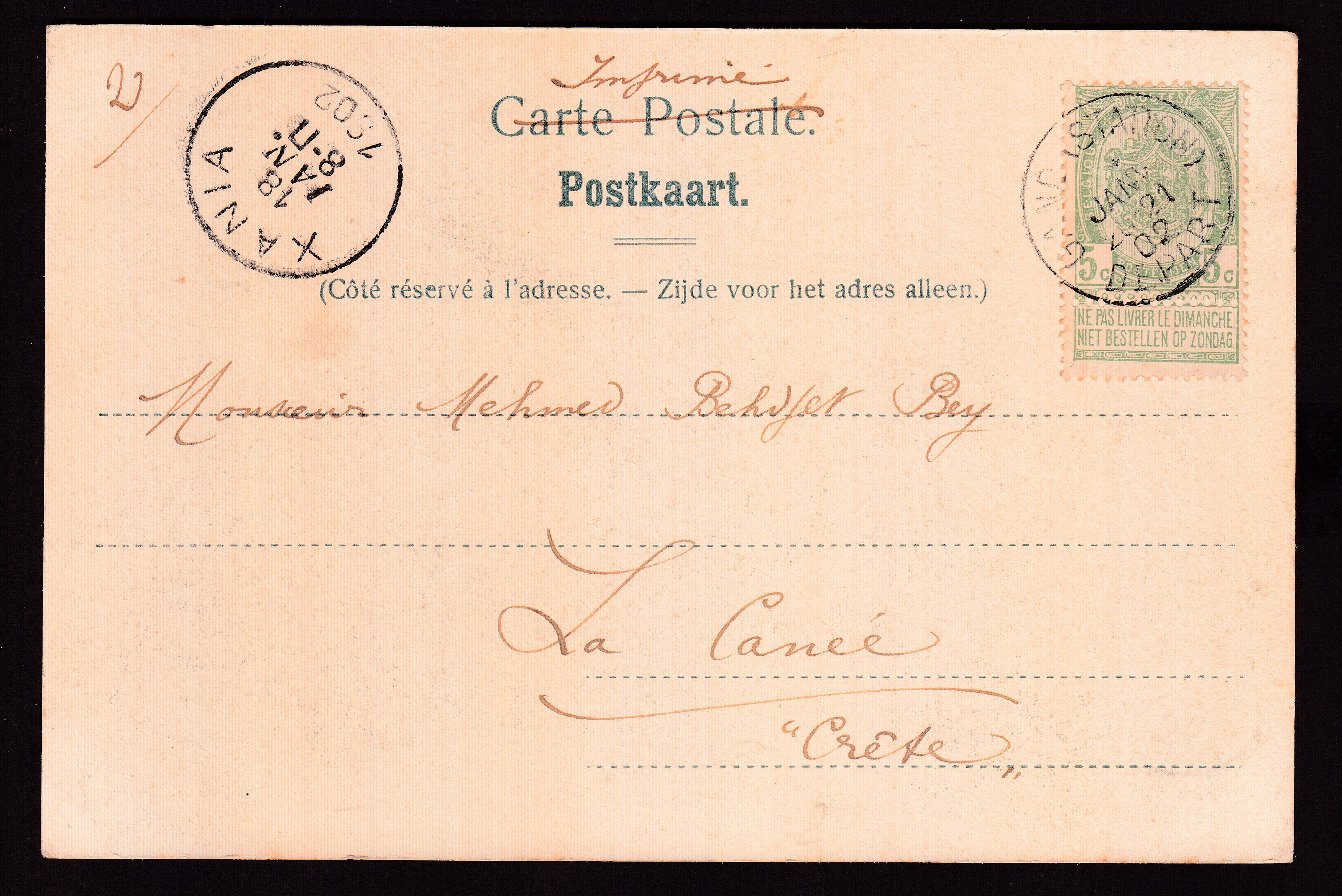 56 sur Cp de Gand (Station) le 14 janv.1902 vers La Canée. Càd « Xania = La Canée en grec » au verso. Explicatif joint.