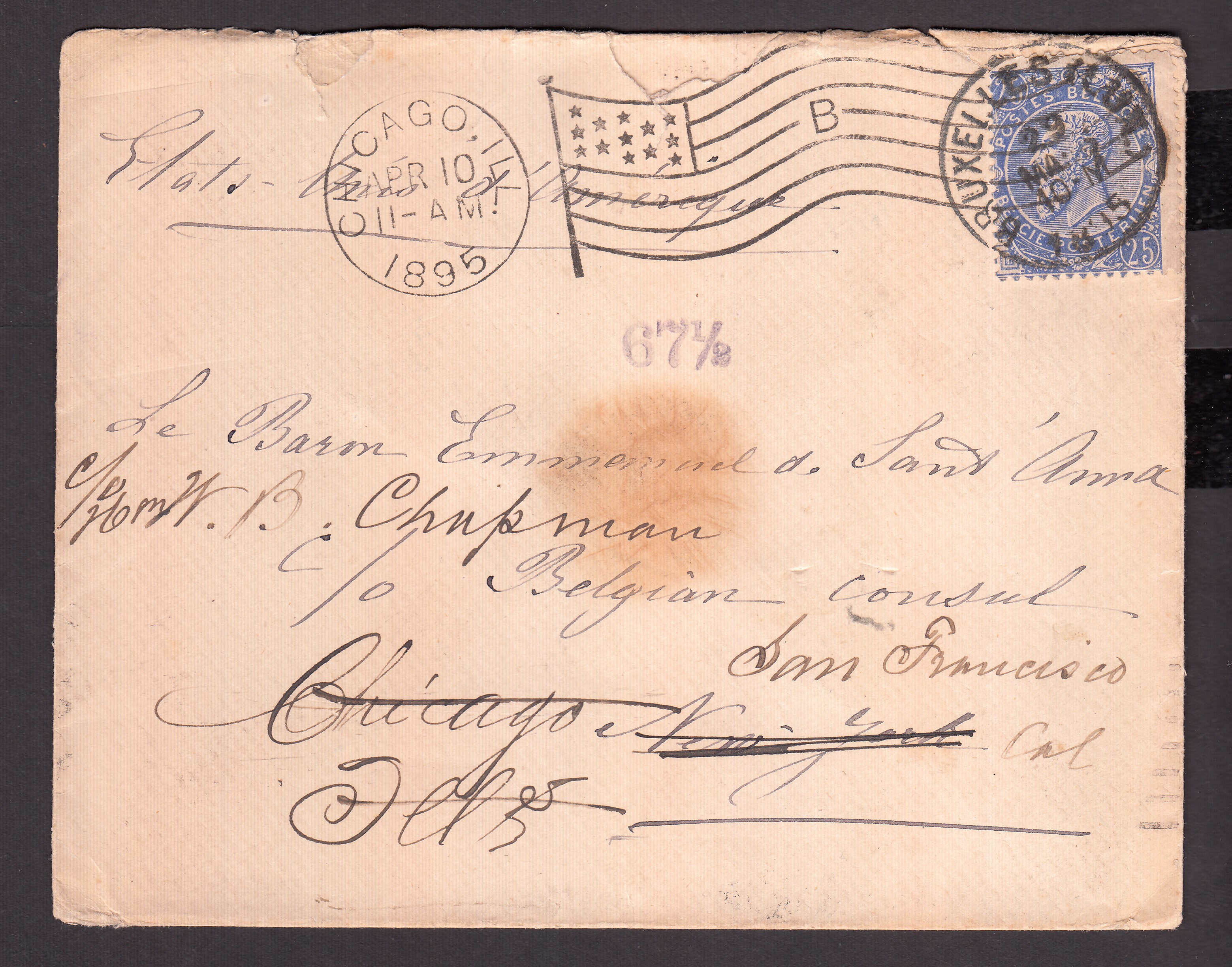 60 sur lettre de BXL le 29 mars 1895 vers New-York. Adresse biffée, recherches. Pls cachets d'arrivée au verso. Explicatif joint.