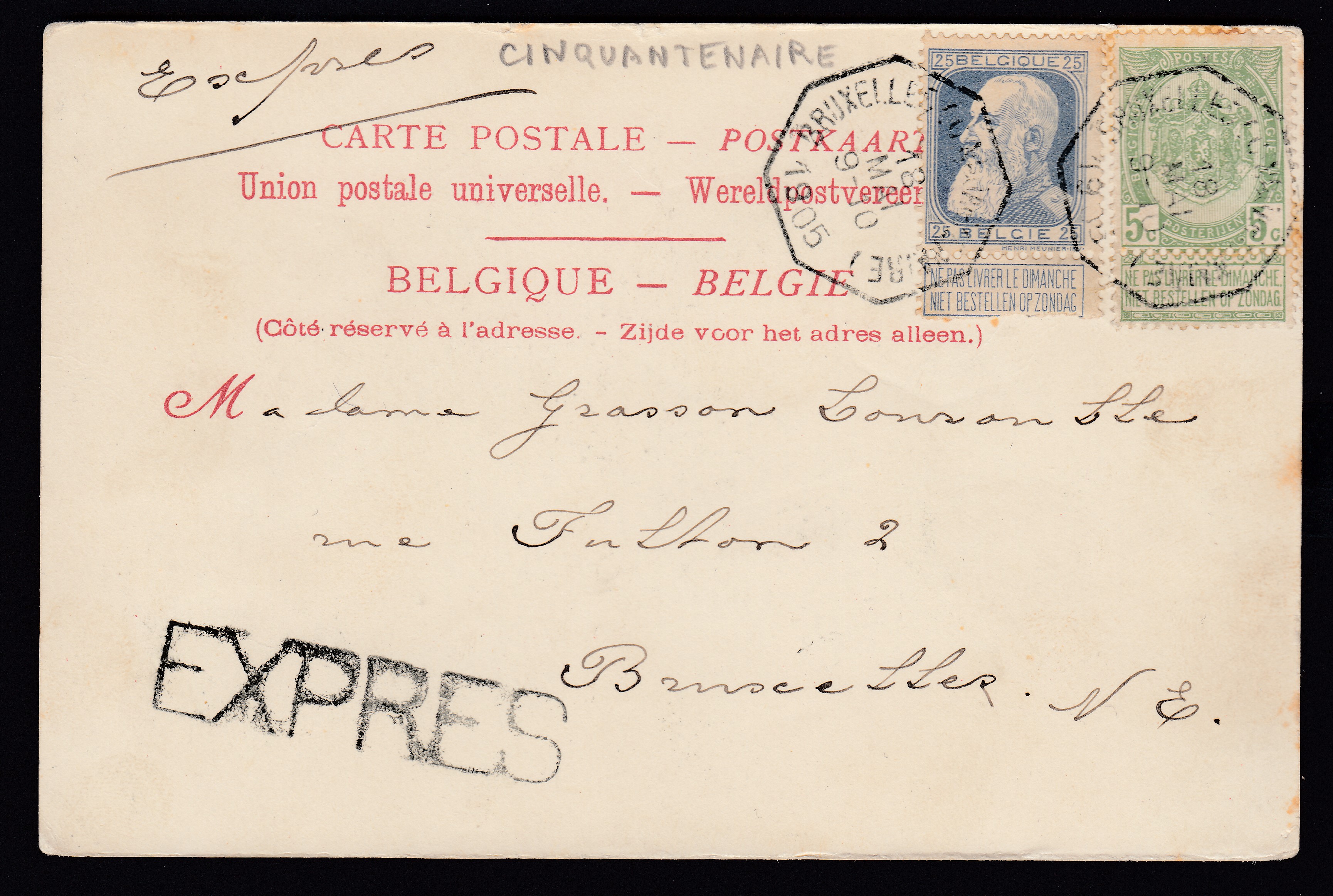 56 +76 sur Cp en exprès de et vers BXL le 18 mai 1905.