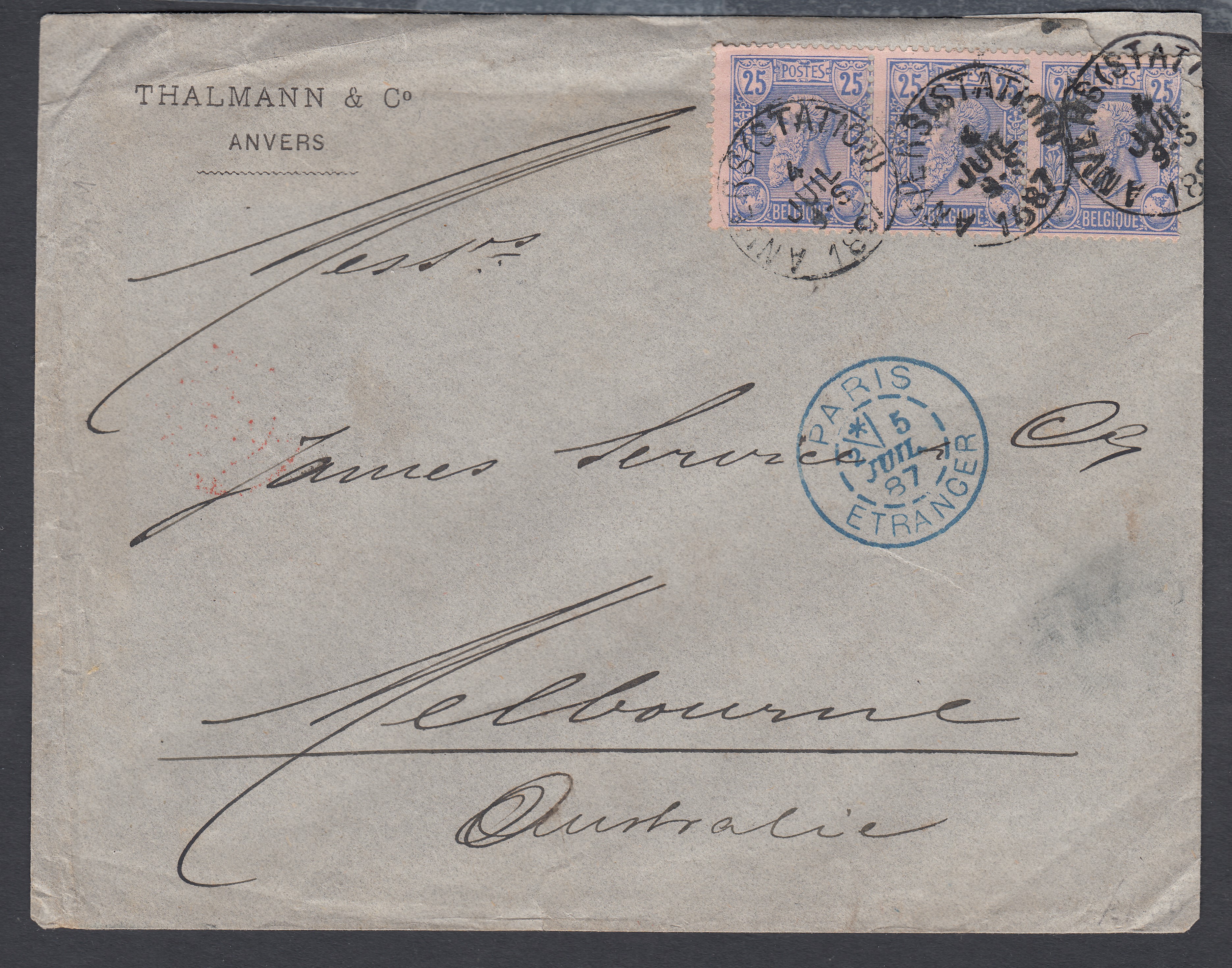 48 en bande de 3 sur lettre d'Anvers (Station) le 4 juil 1887 vers Melbourne via Paris. Cachet « Paris à Modave » +Càd au verso.