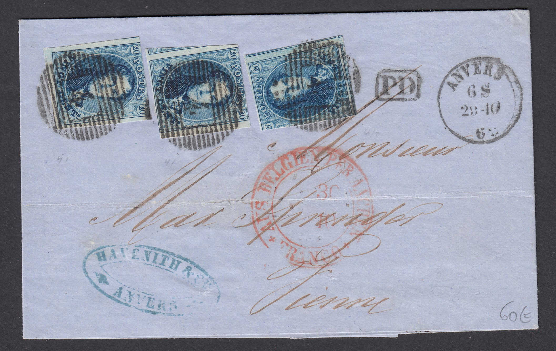 11 x3 ( 2 au filet et 1 touché ) sur LSC d'Anvers le 28.10.1862 vers Viennes. Càd au verso.