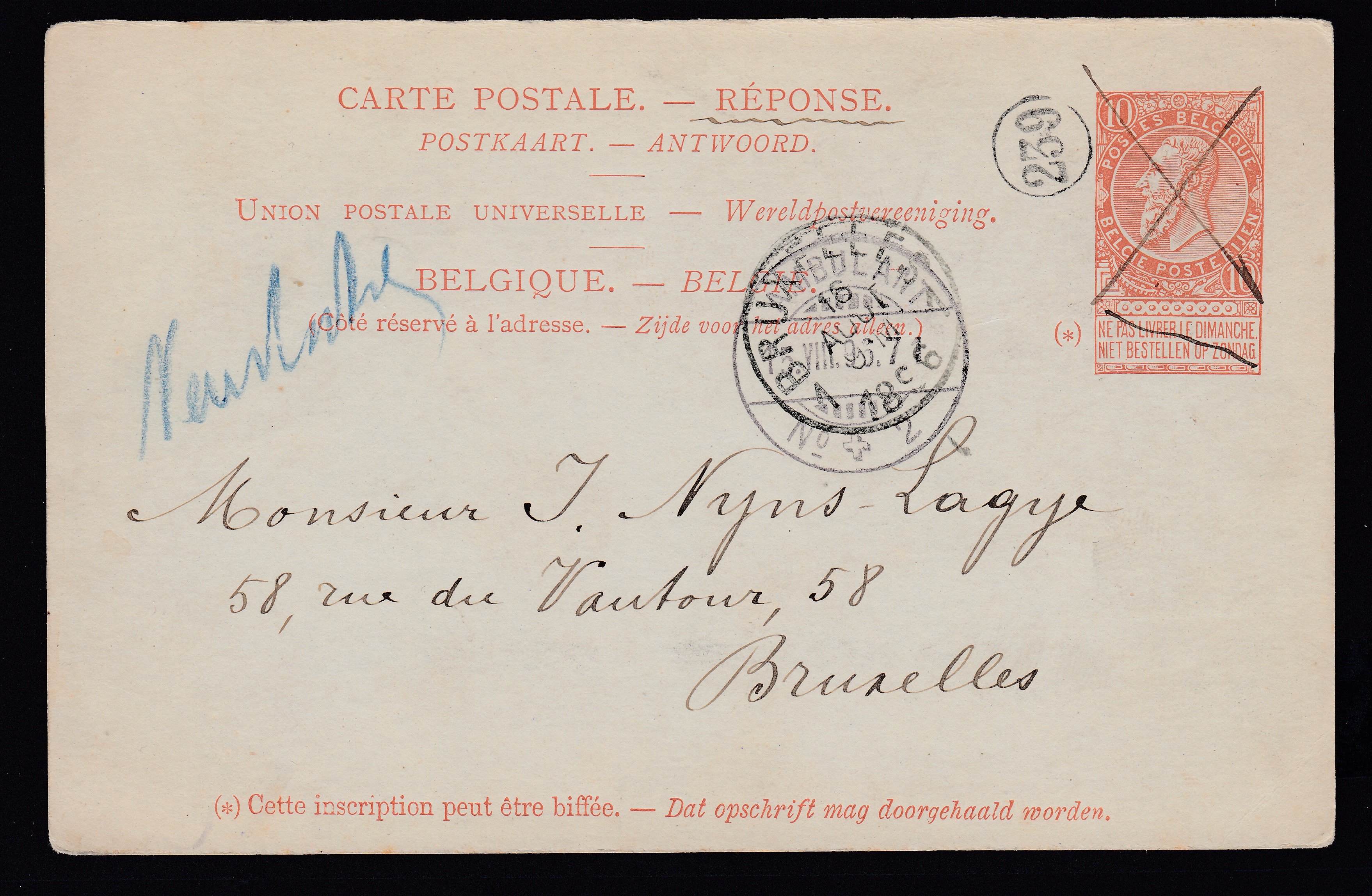 Ep10c type « Fine Barbe » ( partie réponse ), daté de Neuchâtel, par ambulant suisse le 15.VIII.1906 vers BXL. Càd au recto.