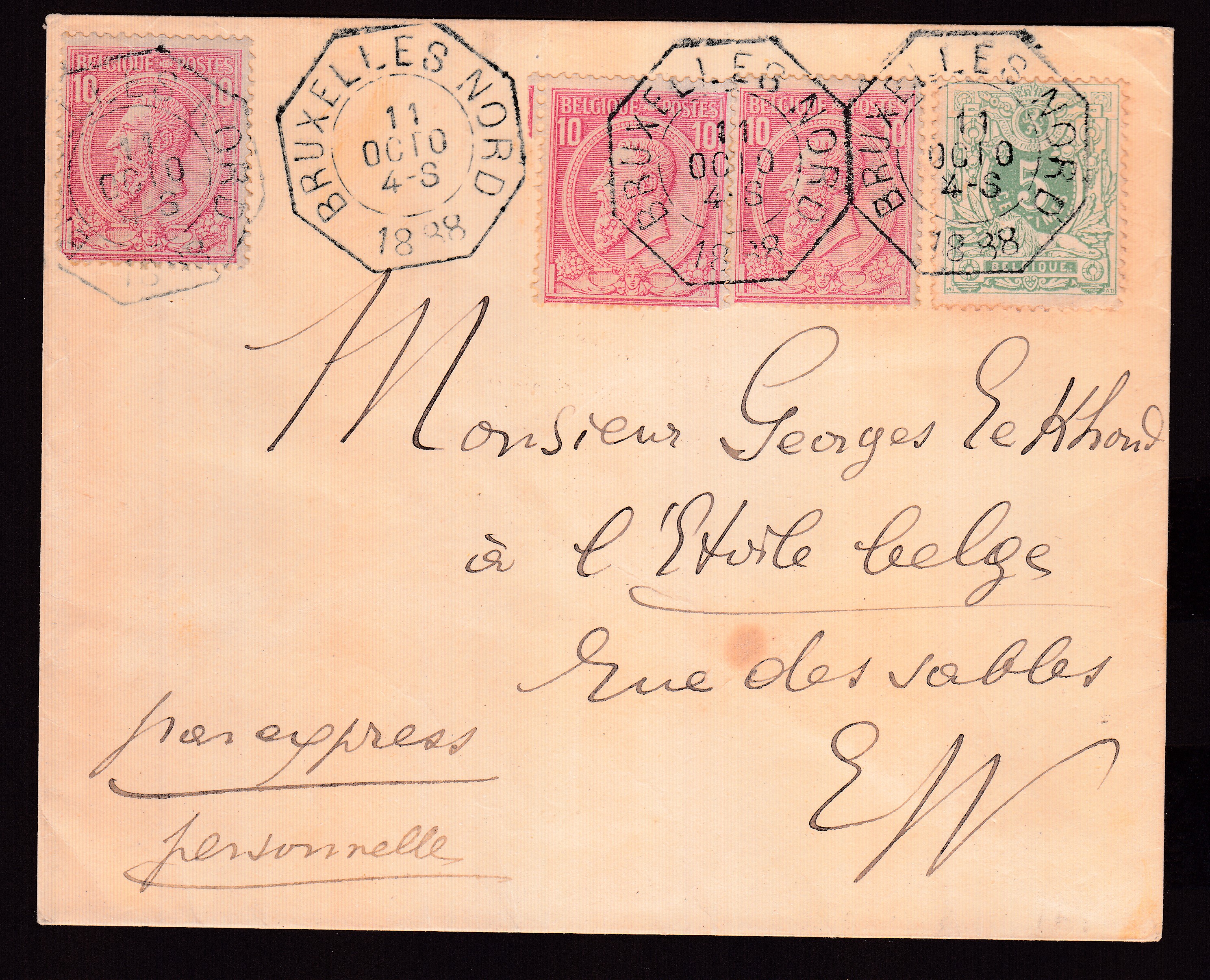 45 +46 x3 sur lettre en exprès de et vers BXL le 11 oct 1898. Cachet hexagonal de BXL (Nord).