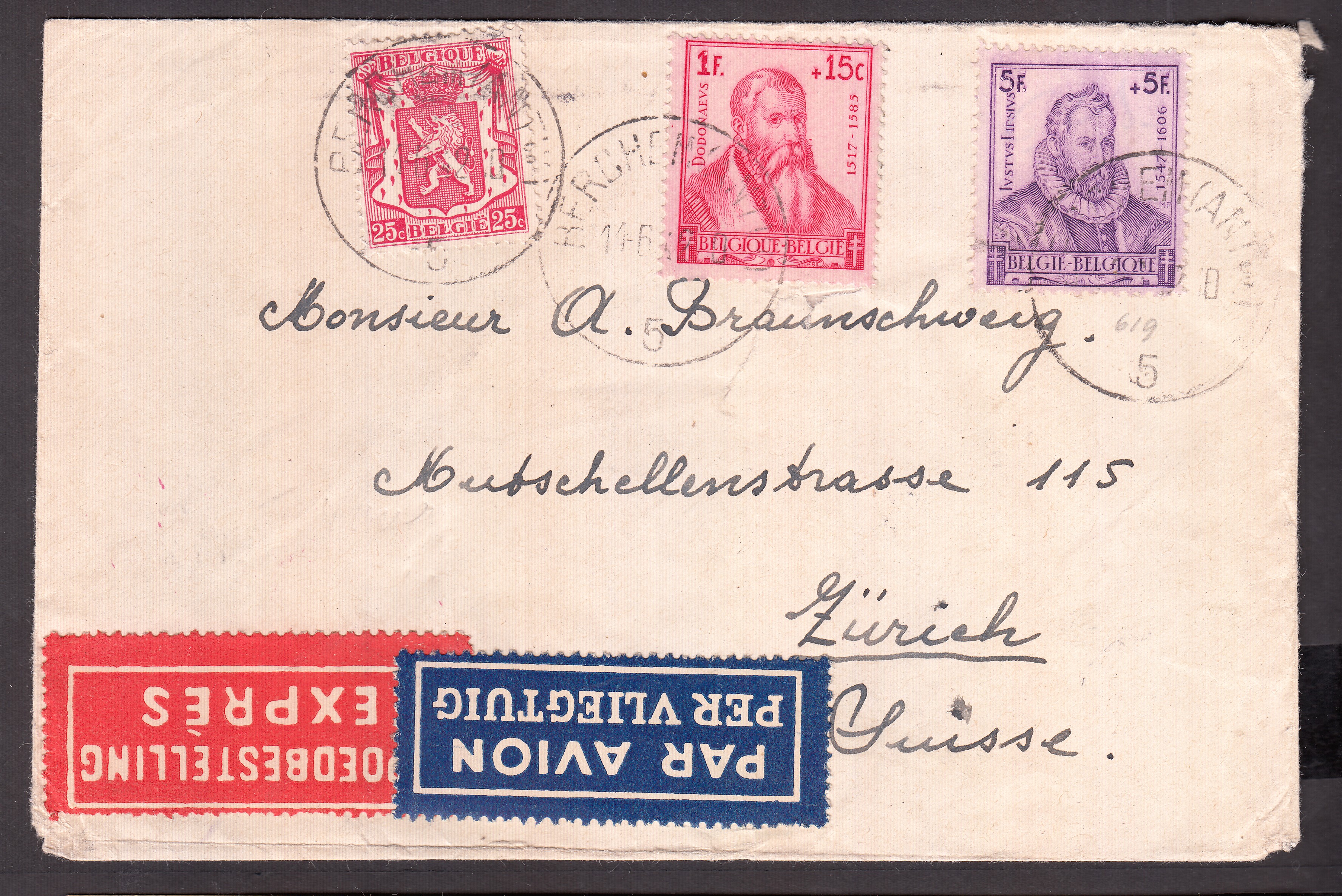423 +597 +600 sur lettre par avion en exprès de Berchem-Antw.le 11.6.1942 vers Zurich.Bande et cachet de censure allemande + Càd au verso.