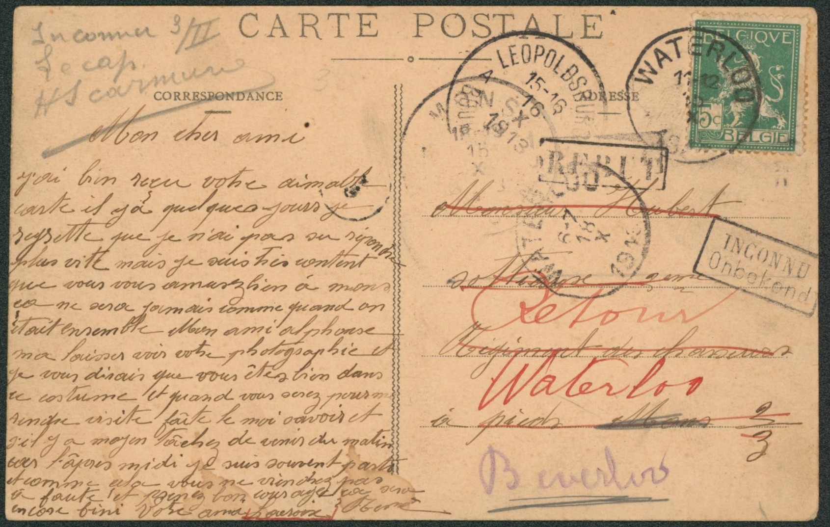 n°110 sur CP expédié de Waterloo > Mons, inconnu, redirigé vers Waterlos & Beverloo.