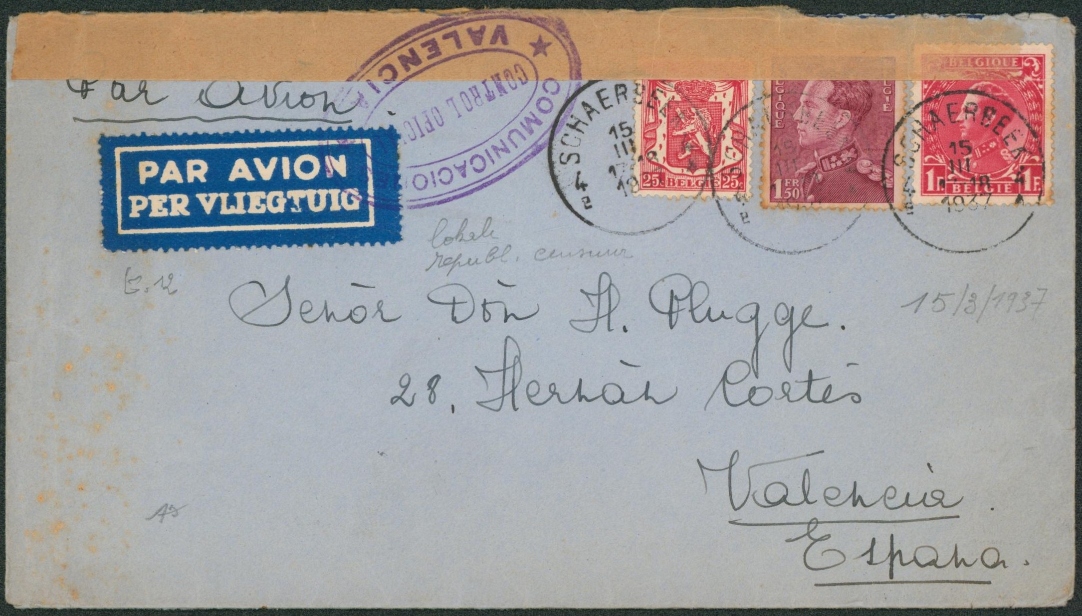 Affranch. Mixte (Poortman) sur lettre par avion de Schaerbeek > Valencia (Espagne, Espana) + censure de Valencia, contrôle postale