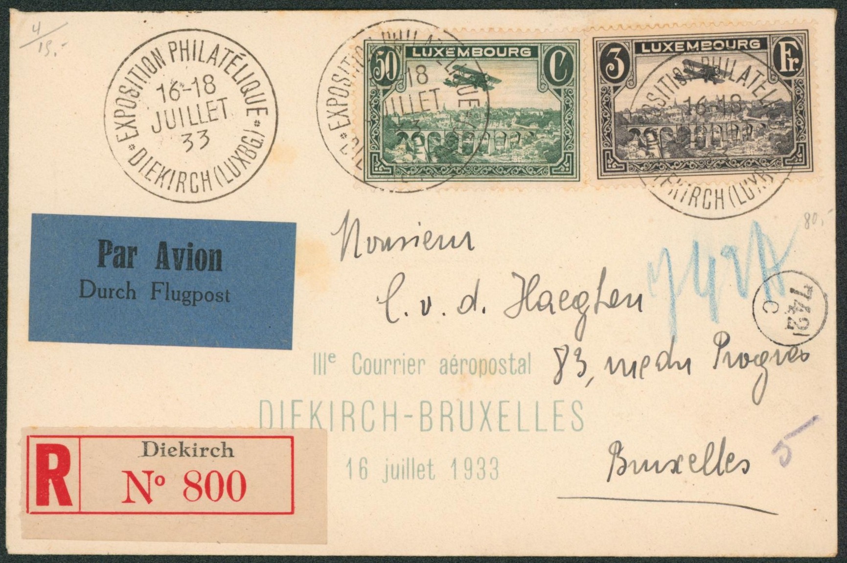 Luxembourg - PA1 et PA6 sur lettre en recommandé par avion de l'exposition philatélique à Diekirch > Bruxelles.