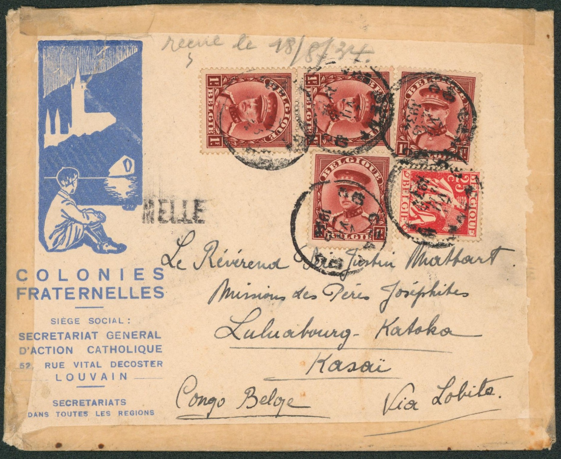 n°317 x4 et 339 sur lettre expédié de Gand + griffe à l'origine MELLE > Luluabourg (Kasai, congo belge).
