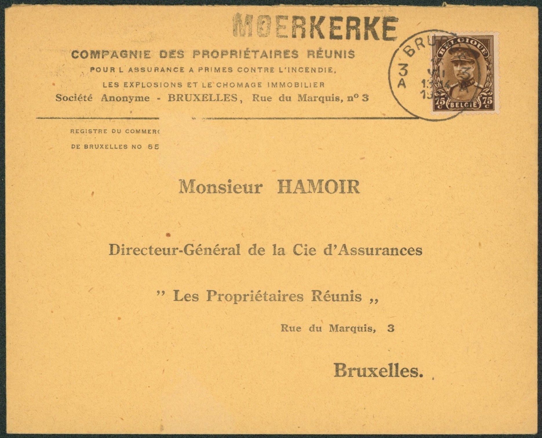 Képi - n°341 sur lettre expédié de Brugge + griffe à l'origine MOERKERKE > Bruxelles.