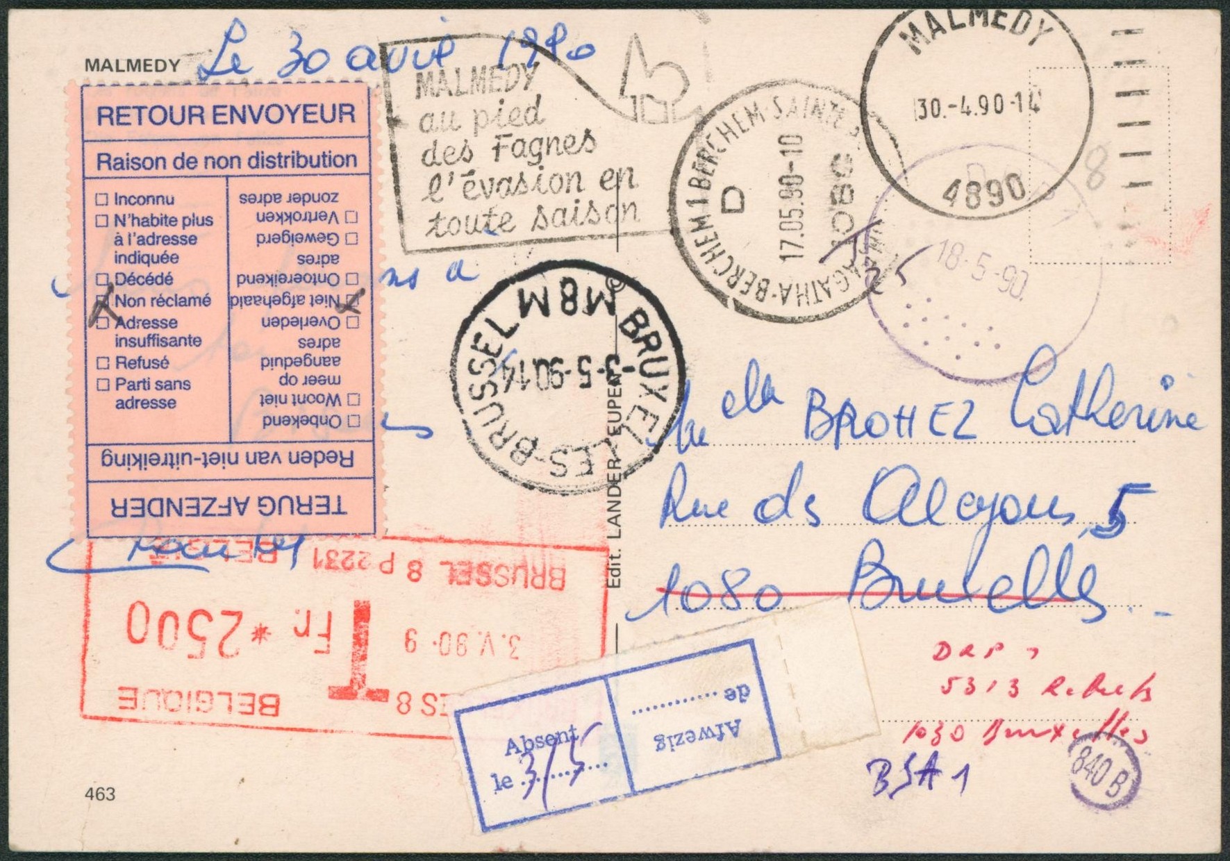 Canton de l'est - CP expédié de Malmedy + taxe mécanique > Bruxelles. Étiquette retour à l'envoyeur & absent.