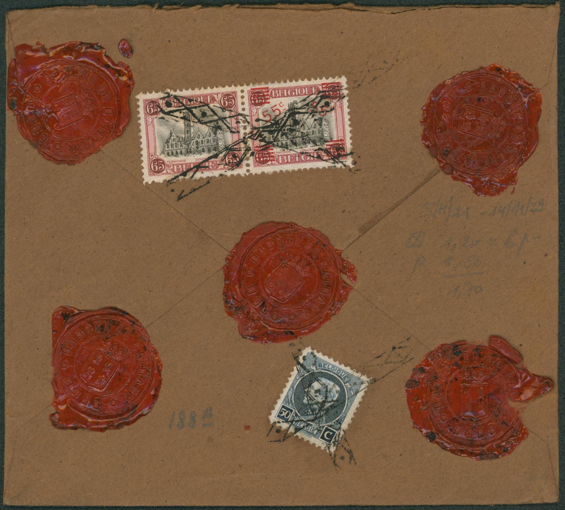 n°211 et 188A au verso d'une lettre recommandé, annulé par oblitération roulette de Mons 2 > Braine-le-comte. Cachet de cire