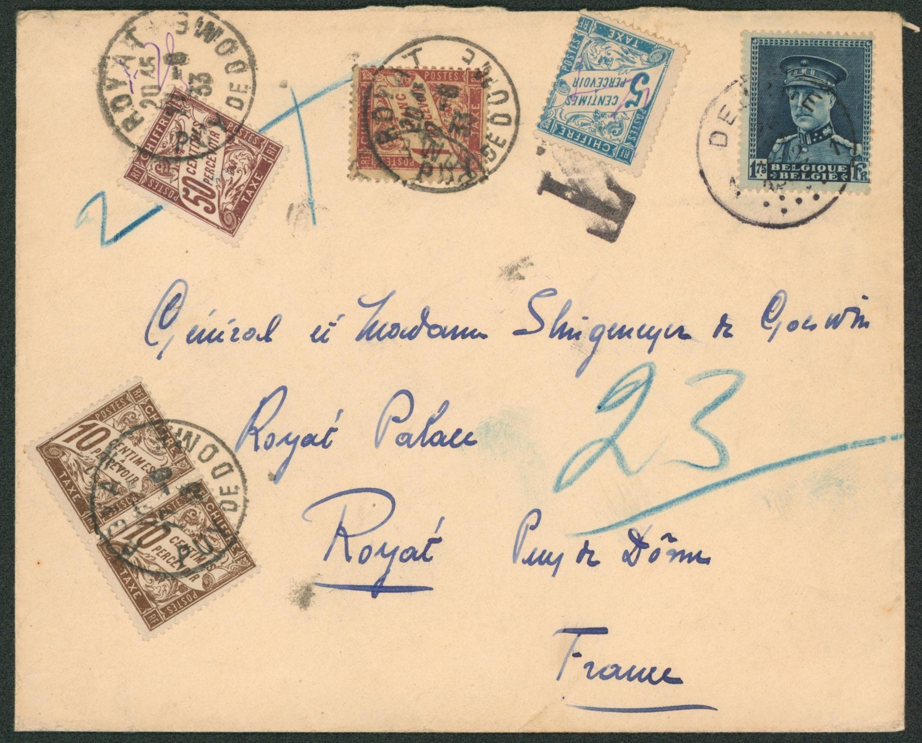 Képi - n°320 sur lettre expédié de Deurne > Royat (France) + taxe mixte. TB