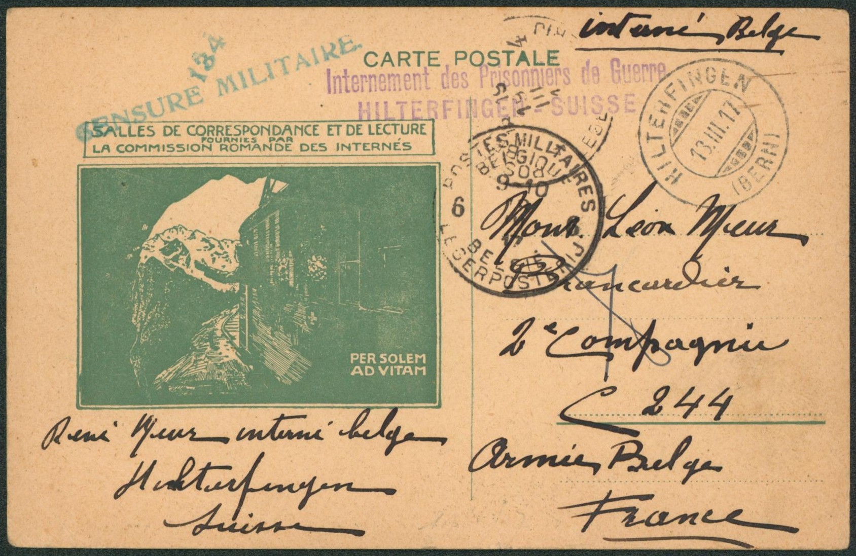 CP illustrée (YMCA) internement des prisonniers de guerre, interné belge de Hilterfingen (Suisse) > Brancardier, 2e compagnie en France.