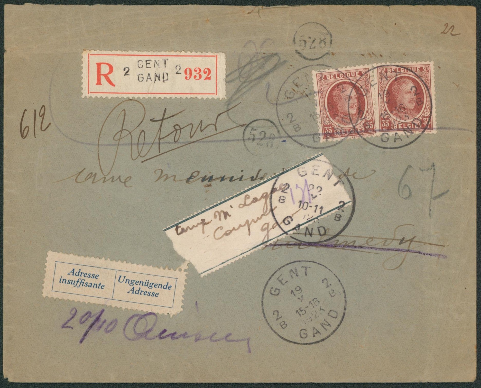 Houyoux - n°201 x2 sur lettre recommandé expédié de Gent / Gand > ? Adresse insuffisante, retour.