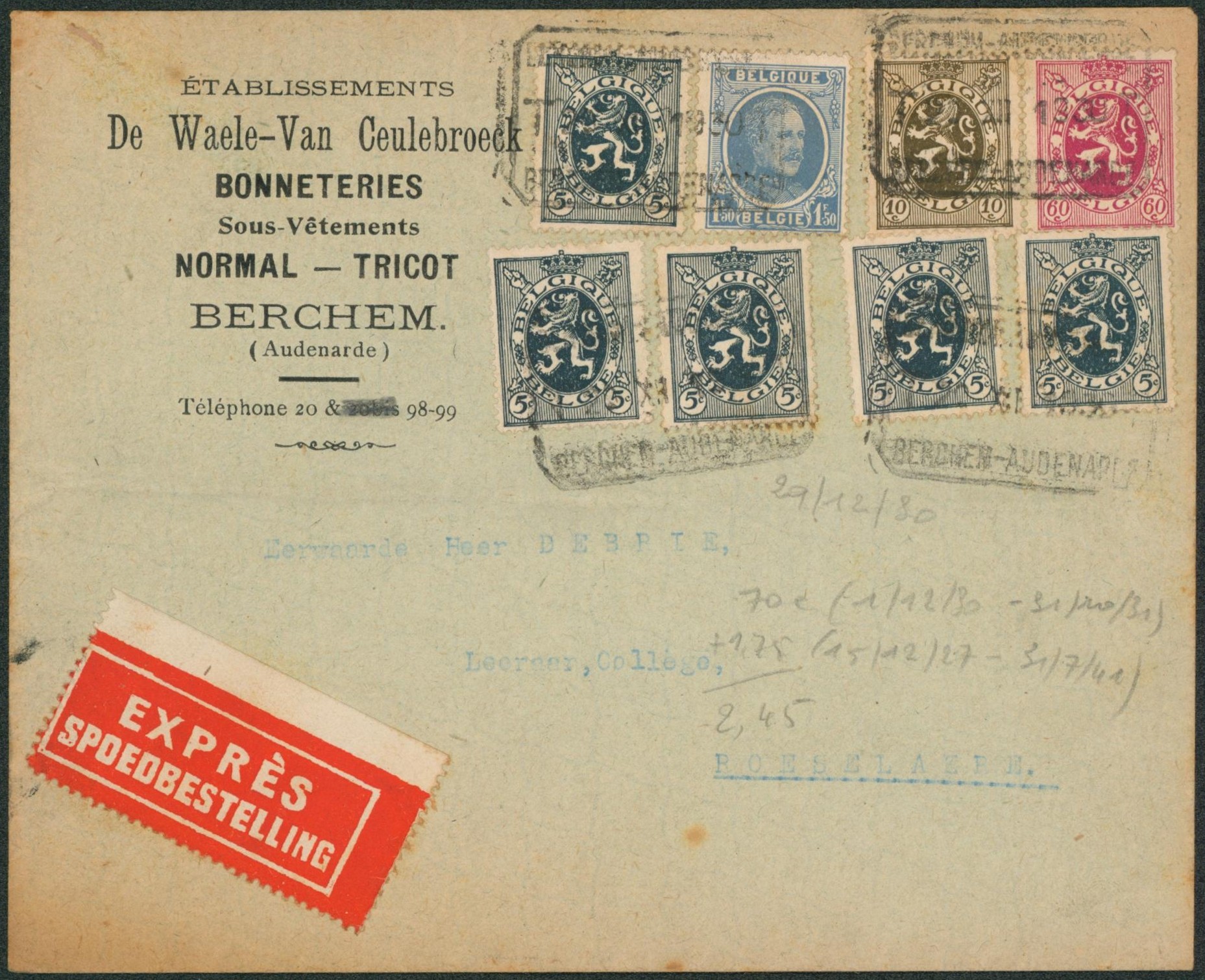 Affranch. Mixte (Houyoux / Lion héraldique) sur lettre en expres obl télégraphe-téléphone "Berchem-audenarde" > Roeselare.
