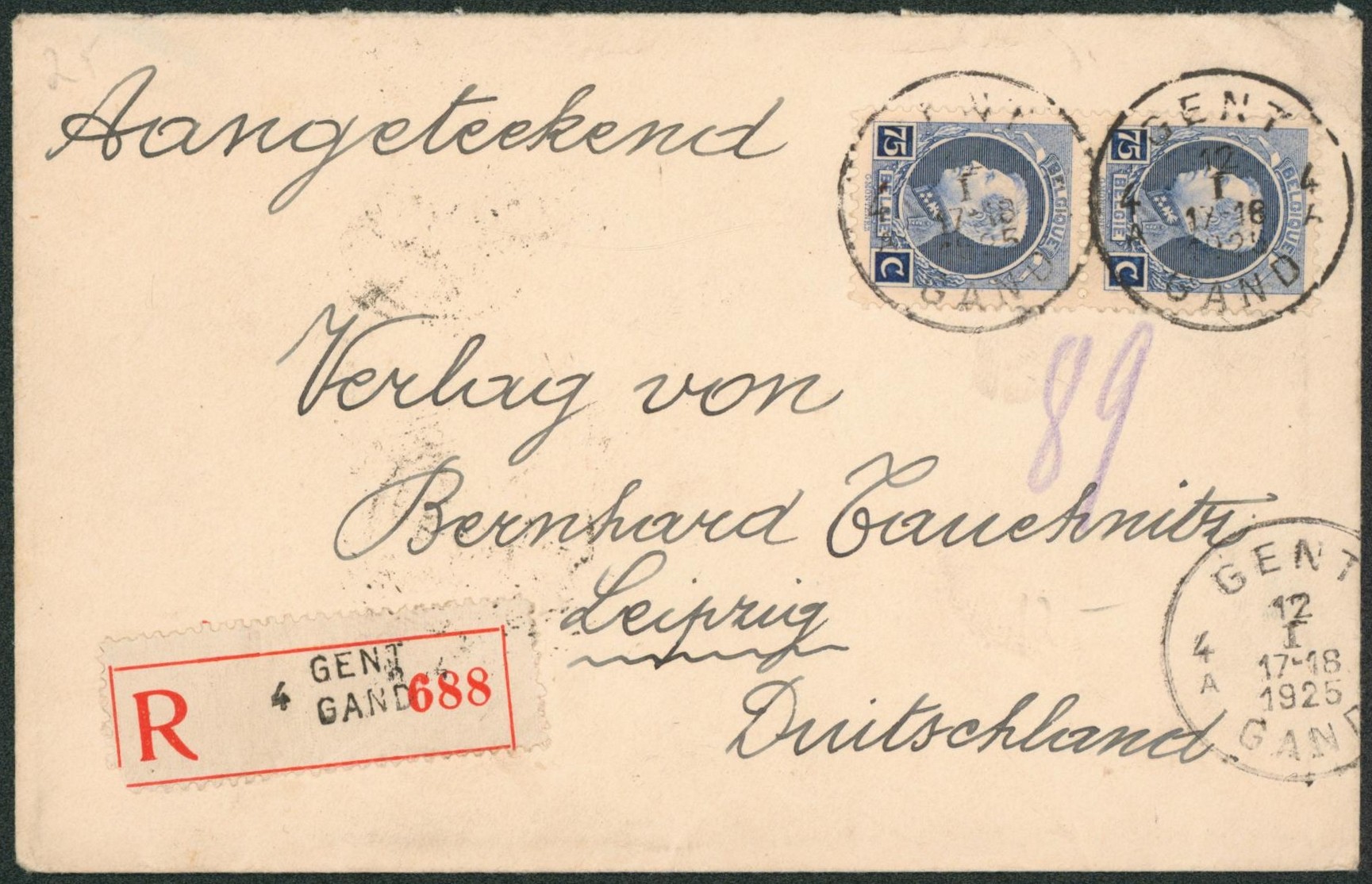 Petit montenez - n°213 x2 sur lettre en recommandé de Gent > Leipzig (Allemagne)