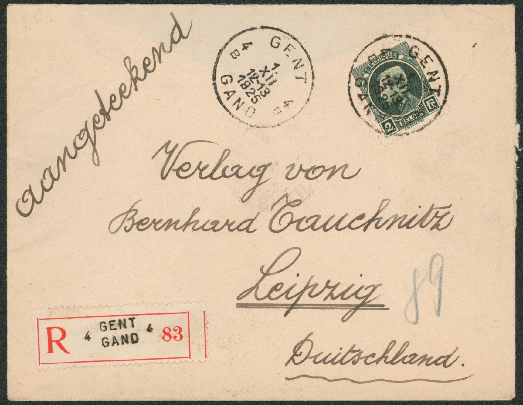 Petit montenez - n°216 sur lettre en recommandé de Gent > Leipzig (Allemagne)