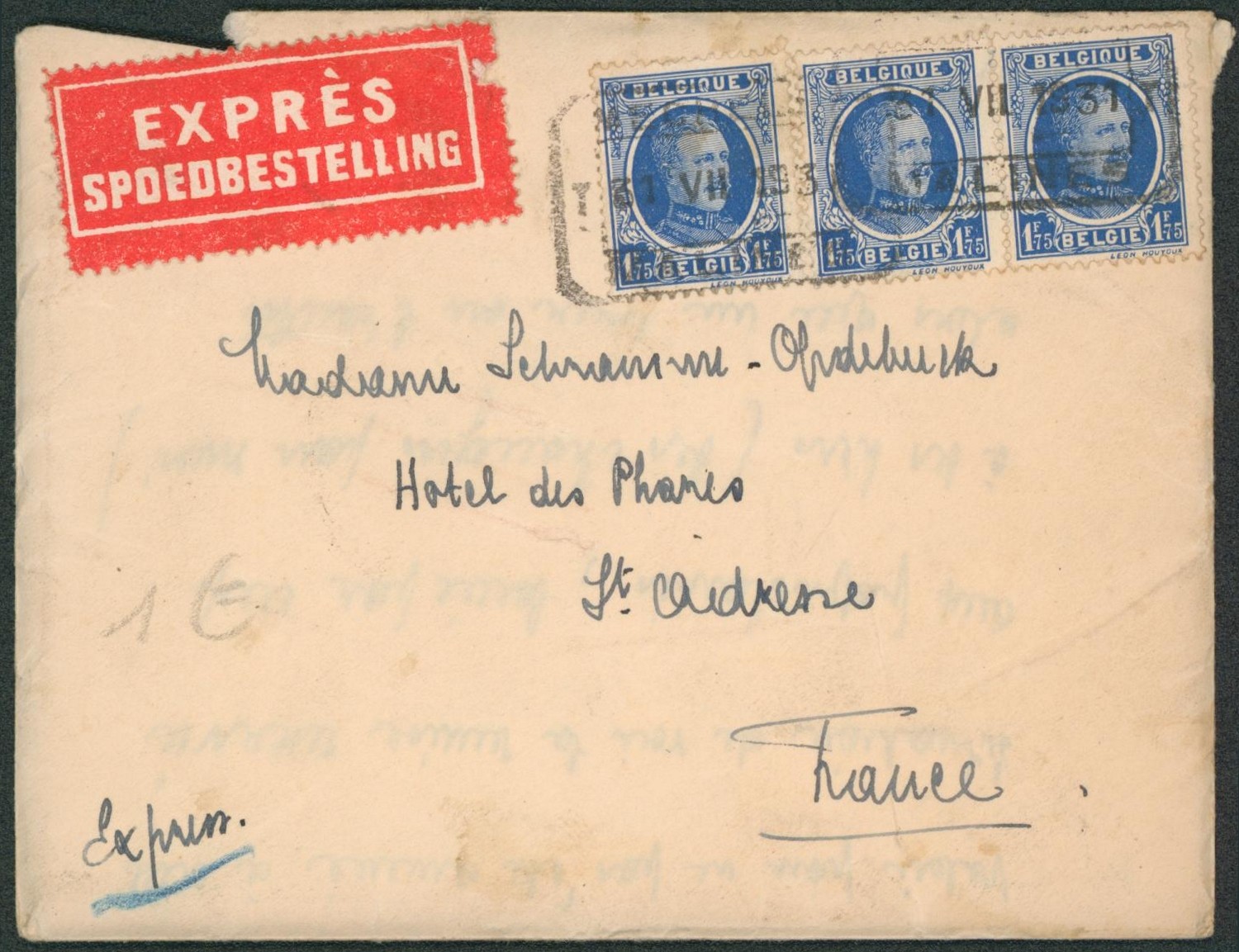 Houyoux - n°257 x3 sur enveloppe avec contenu en expres obl télégraphe-téléphone "Mechelen / Malines" > Ste-Adresse (France)