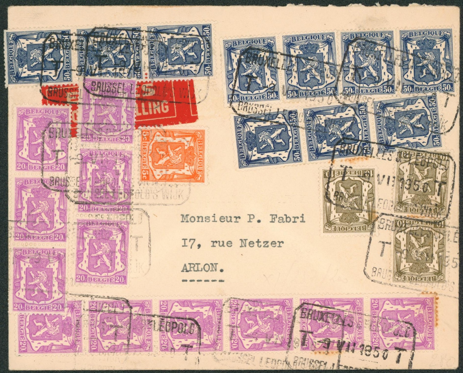 Petit sceau - Affranch. Coloré sur lettre en expres obl télégraphe-téléphone "Bruxelles-léopold" > Arlon
