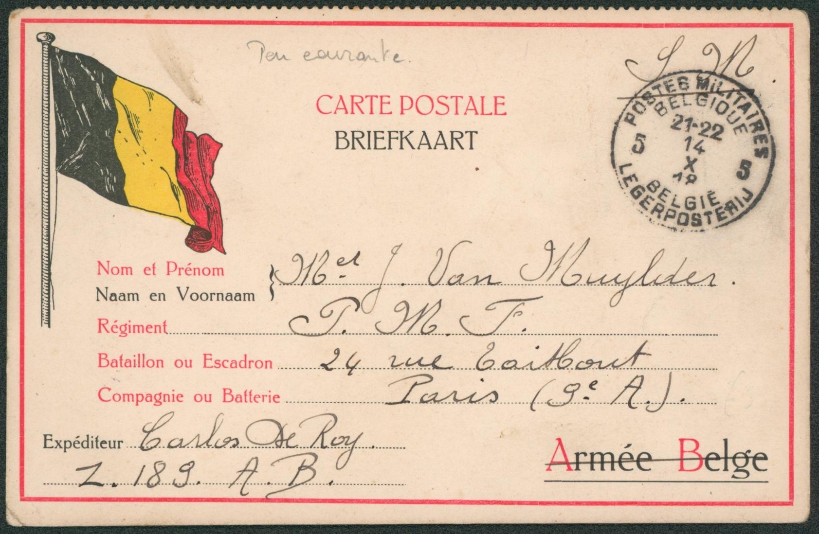 Carte postale (drapeau belge) expédié en S.M. obl P.M.B. 5 (1918, A.B. Z. 189) > paris (9e A)