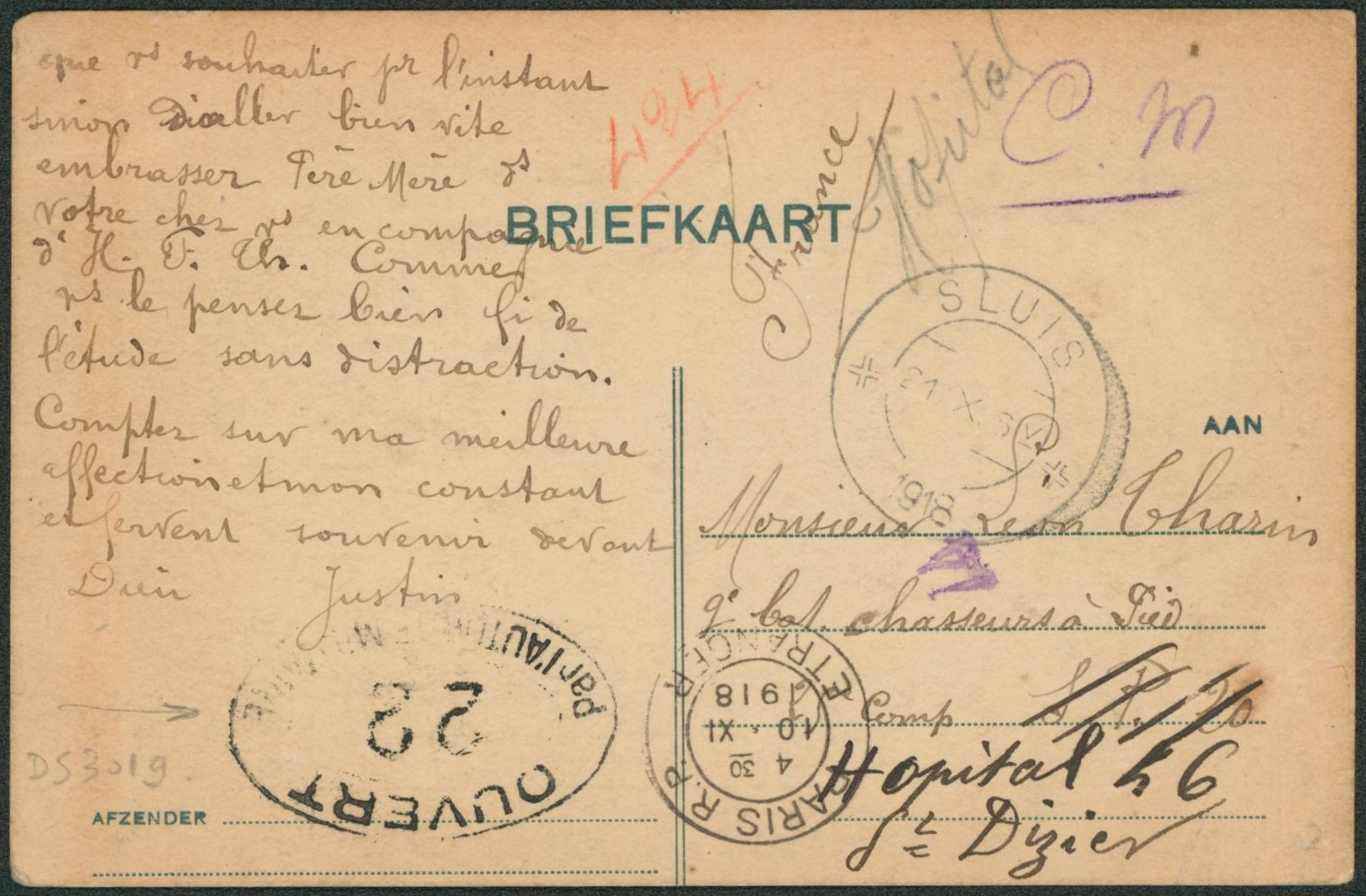 Briefkaart expédié en C.M. de Sluis (1918) + censure française > Chasseurs à Pied redirigé vers Hopital 46 (Paris).