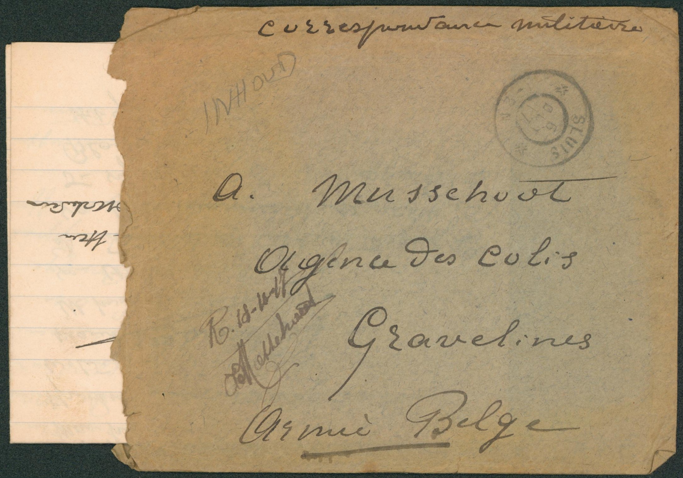 Lettre avec contenu expédié de Sluis (1917) > Agence de colis, armée belge à Gravelines